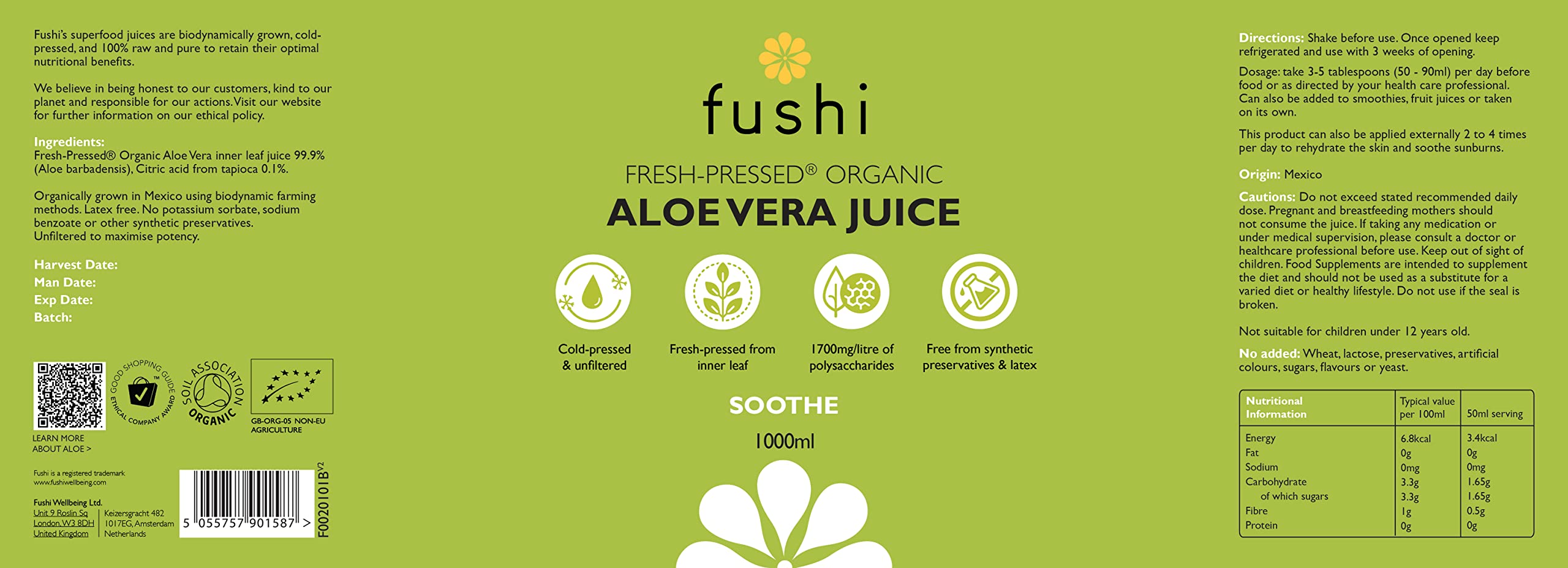Organic Cold-Pressed Aloe Vera Juice 1000ml - Vegan Certified, UK Made | Hydrating Skin Care & Digestive Health Drink for Daily Wellness Routine