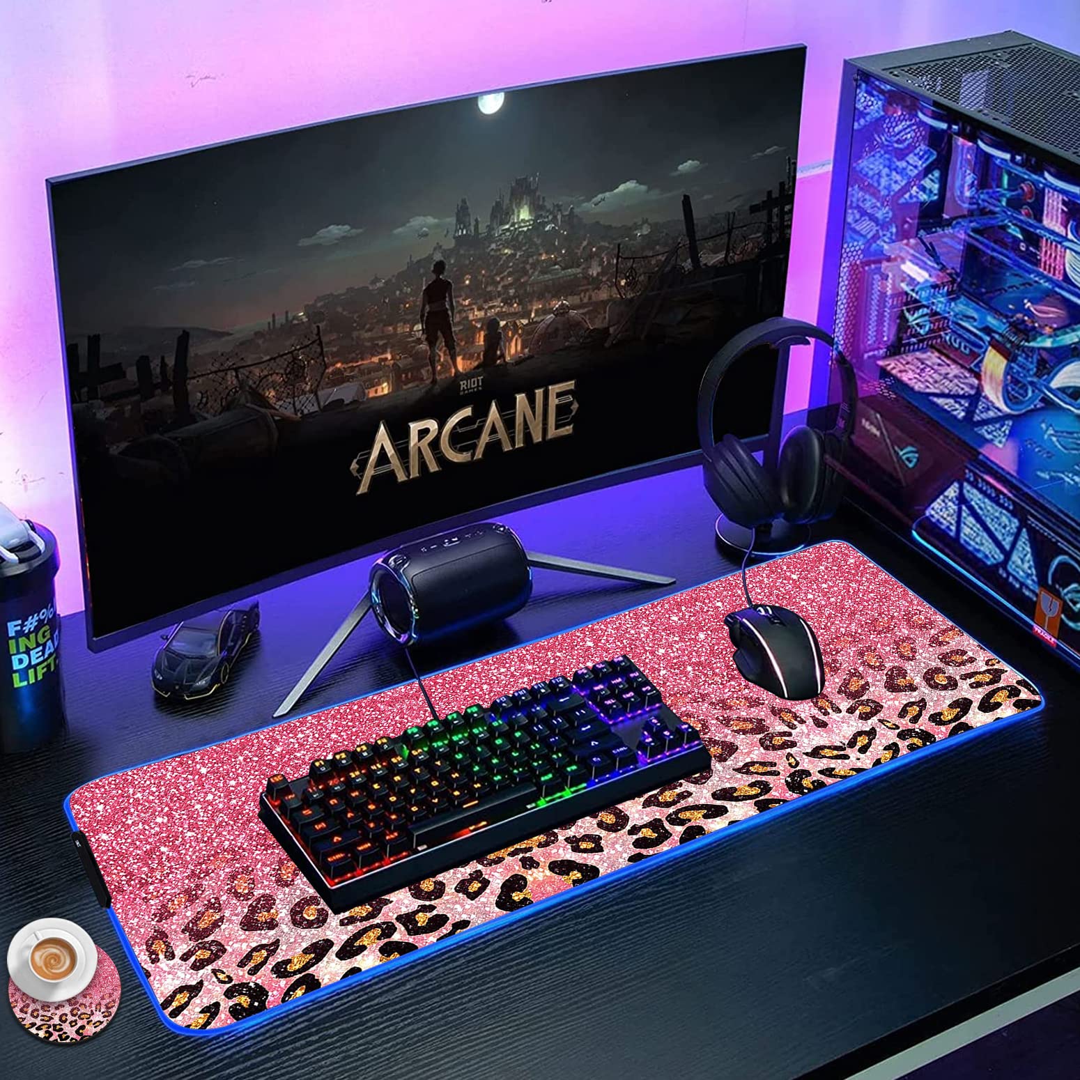 RGB Gaming Mouse Pad with LED Lights - Large Non-Slip Waterproof Desk Mat for Keyboard & Mouse - Pink Glitter Leopard Design - Perfect for PC Gaming, Office Work & Streaming Setup
