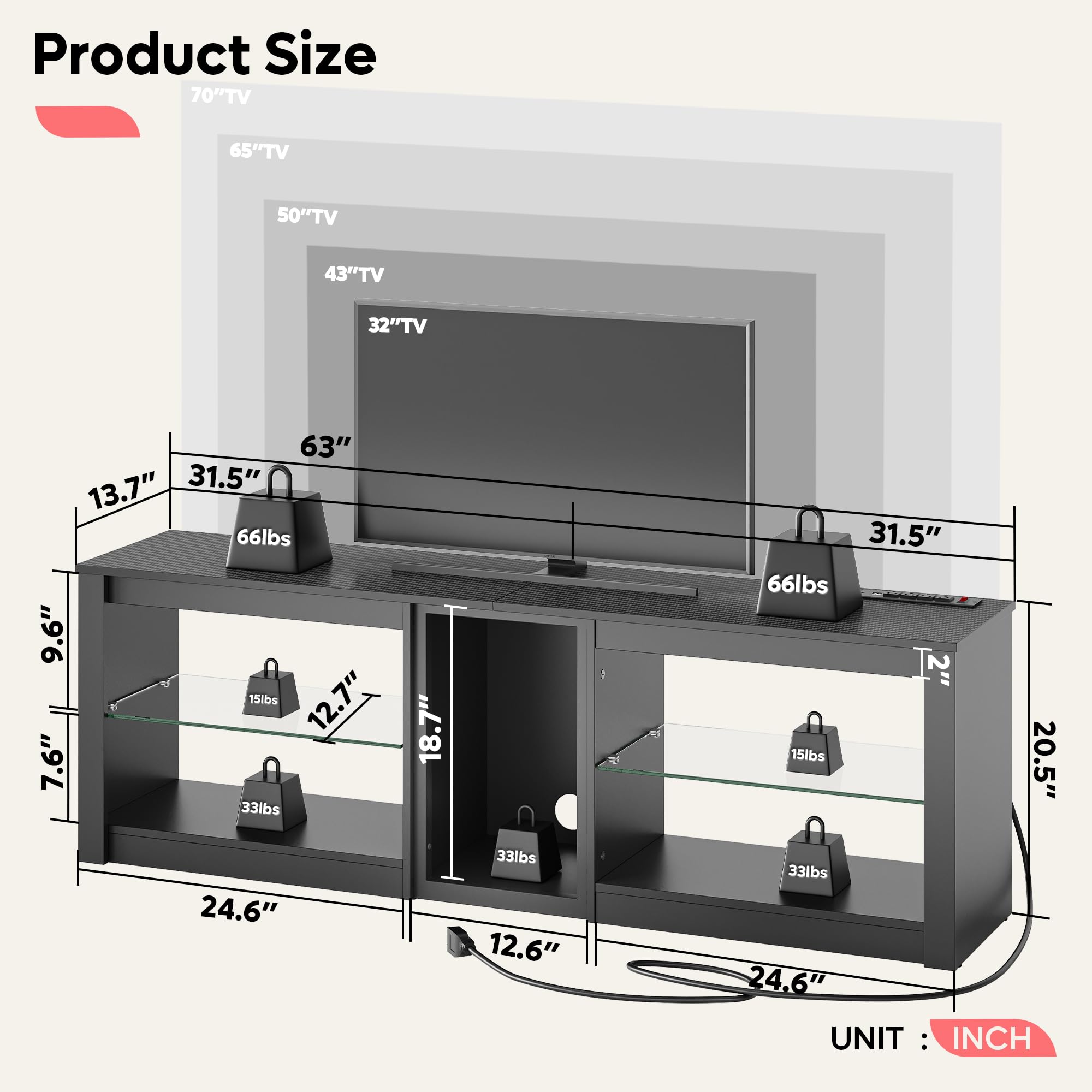 Bestier 70 Inch TV Stand with Power Outlets & LED Lights - Modern Entertainment Center for PS5, Xbox & Gaming Consoles - Black Carbon Fiber TV Console with Tempered Glass Shelves - Perfect for Living Room & Home Theater Setup