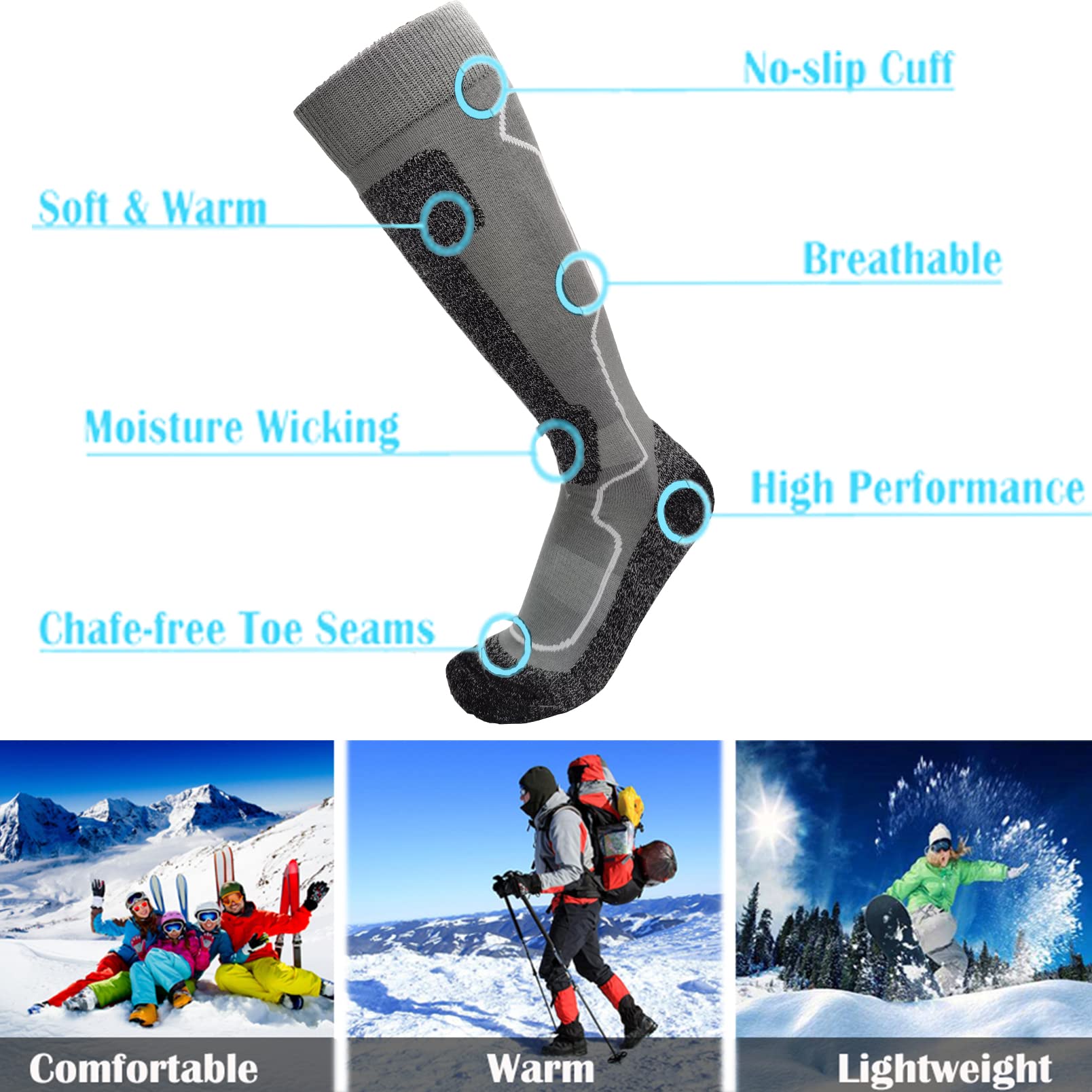 Premium 2-Pack HIGHCAMP Merino Wool Ski Socks for Men & Women - Warm Thermal Snowboard Socks for Cold Weather - Ideal for Skiing, Snowboarding, Winter Hunting & Outdoor Adventures