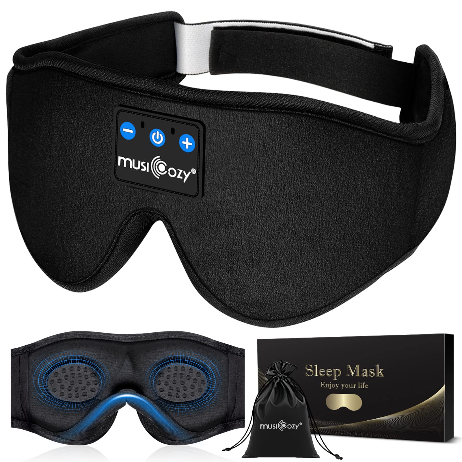 Musicozy Bluetooth Sleep Headband with White Noise - Wireless 3D Sleeping Headphones for Insomnia, Yoga, Travel & Office - Cool Tech Gadgets Gift Set (2 Packs) - Perfect for Nighttime Relaxation, Meditation & Stress Relief