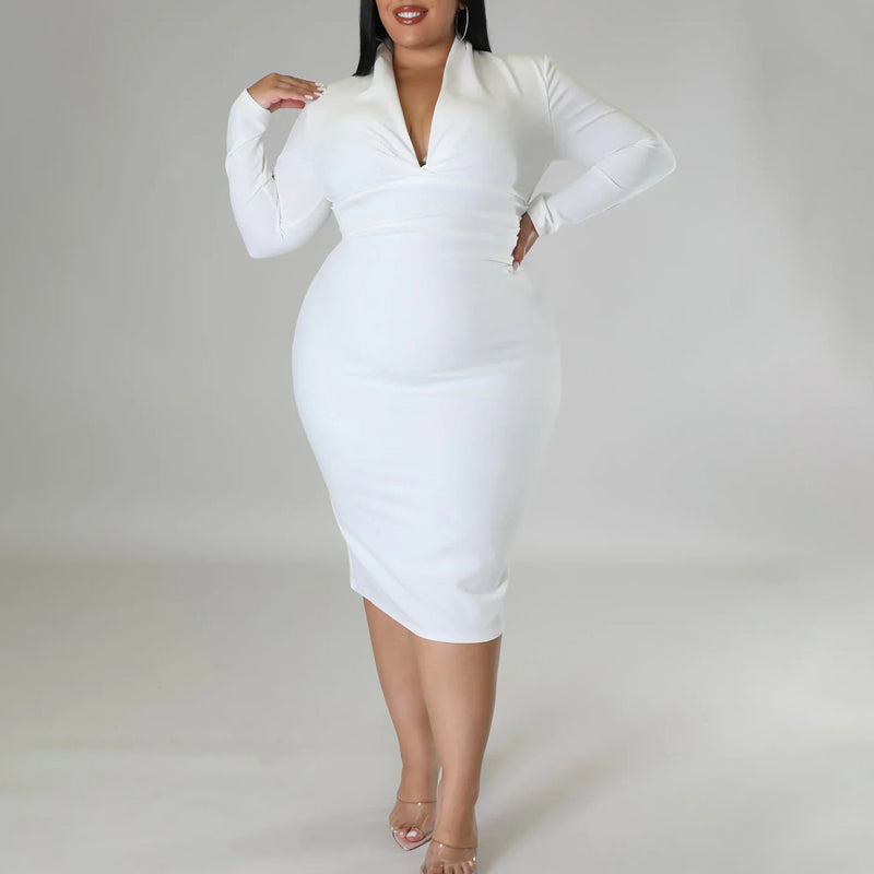 Solid Color Long Sleeve Zip-Up V-Neck Dress for Women | Elegant Casual & Office Wear | Perfect for Work, Date Night & Special Occasions