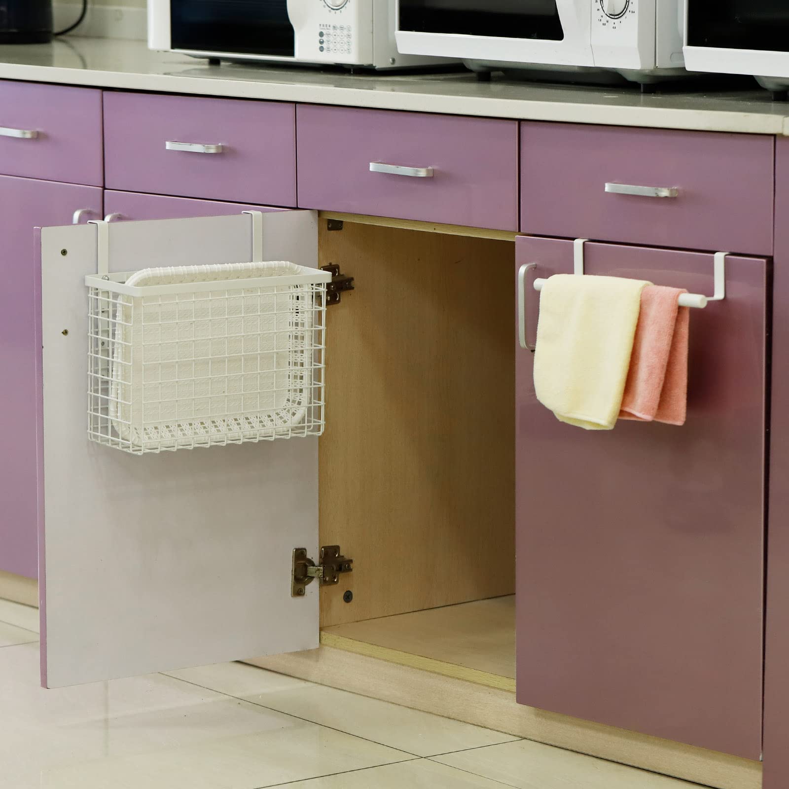 uxcell 2-Pack White Metal Wire Cabinet Door Organizer with Towel Bar & Hooks - Over Cabinet Storage Basket for Kitchen, Pantry, Bathroom - Perfect for Cutting Boards, Spices, and Cleaning Supplies