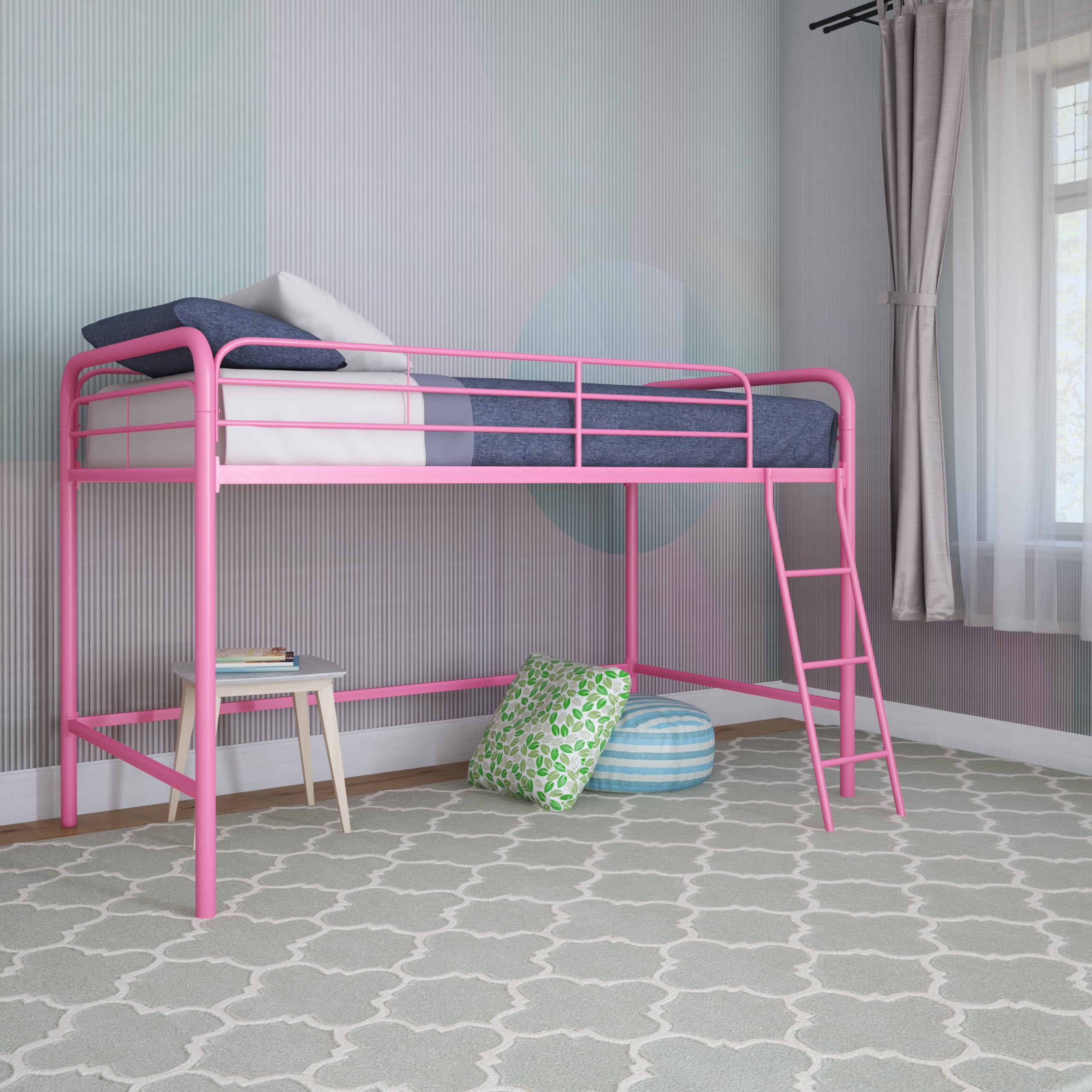 DHP Jett Junior Twin Metal Loft Bed with Ladder, Pink - Space-Saving Kids Bedroom Furniture for Small Rooms & Dorm Rooms