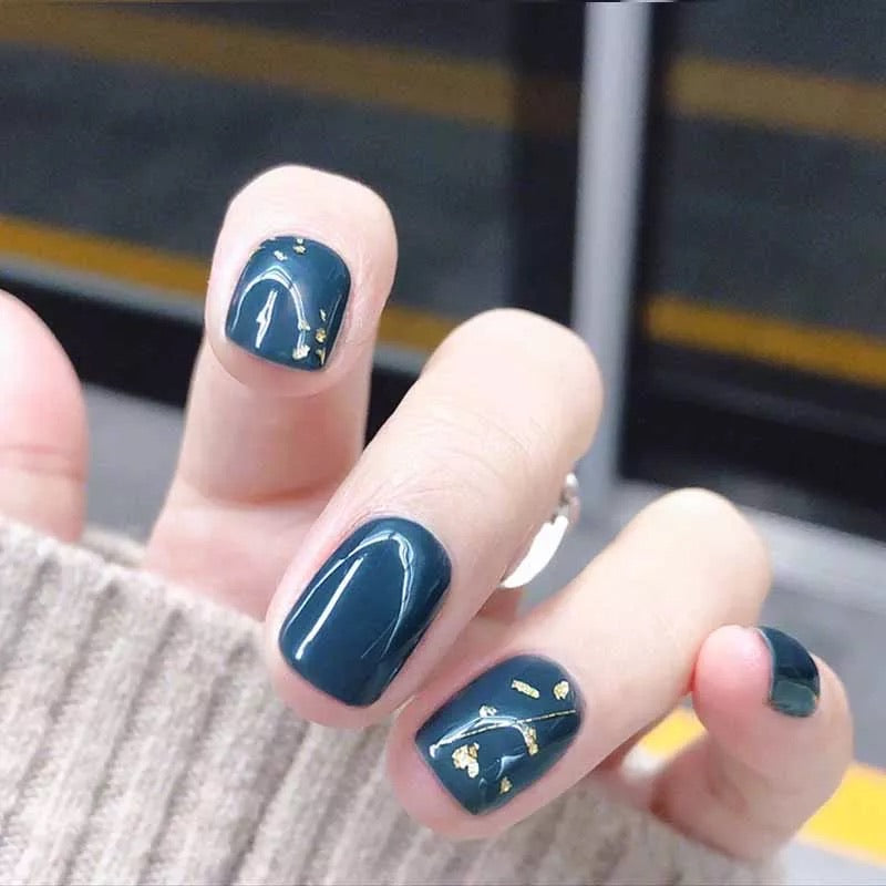 Gray Blue Fake Nail Stickers - Short Round Press On Nails for Easy DIY Manicure | Perfect for Parties, Weddings & Everyday Wear