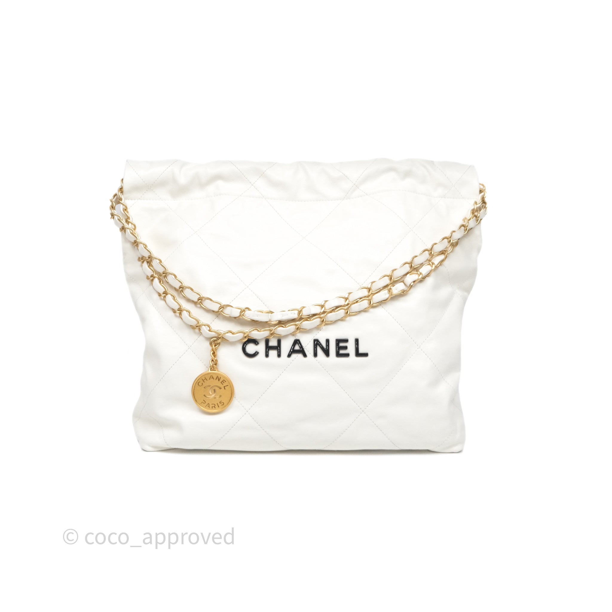 Chanel 22 Small Handbag in White Aged Calfskin with Black Logo & Aged Gold Hardware - Perfect for Everyday Luxury & Evening Events