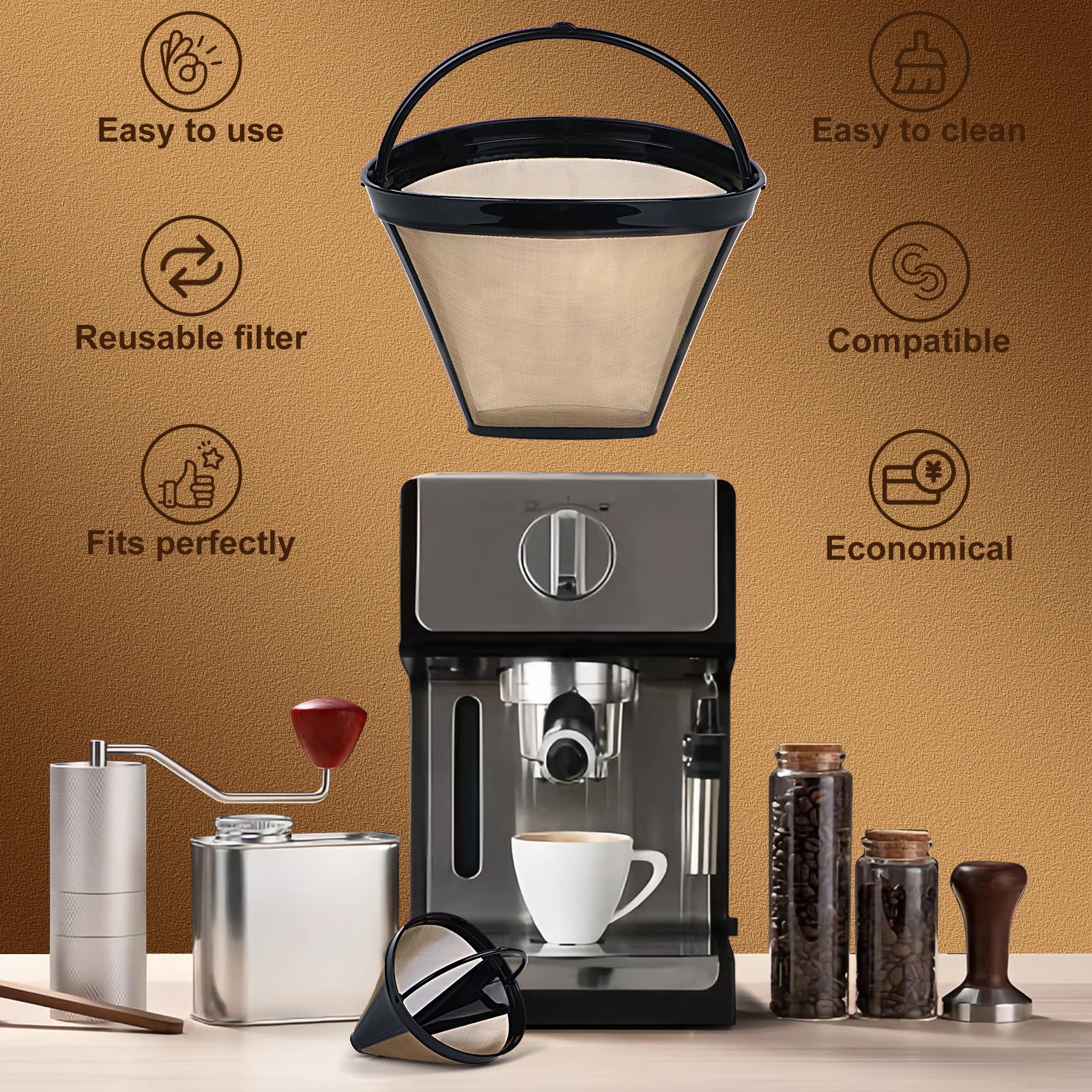 Reusable Coffee Filters for Ninja Coffee Bar Brewer - 4 Cone Permanent Replacement Filters (2 Pack) | Eco-Friendly & Durable | Perfect for Home, Office & Camping Use