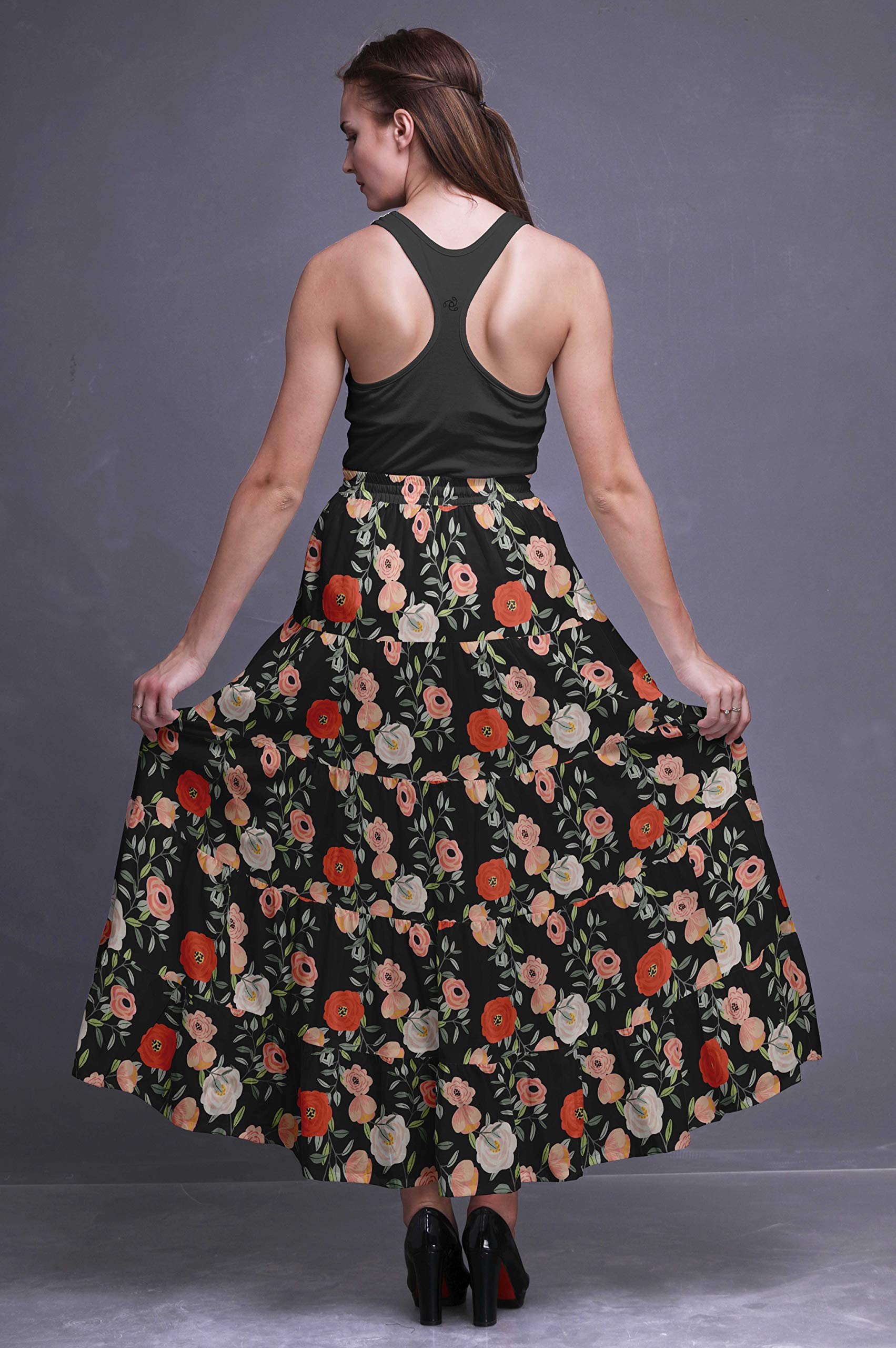 Bimba Women's Printed Long 5-Tier Cotton Skirt - Boho Style Maxi Skirt for Casual Wear, Beach Vacation & Summer Outfits