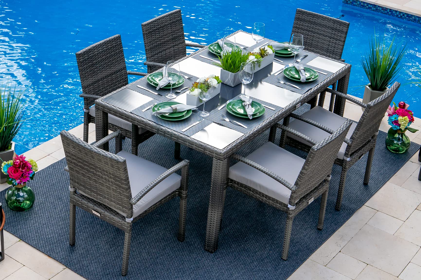Bari 14-Piece Resin Wicker Outdoor Patio Furniture Set in Mixed Gray - Loveseat, 6-Seat Dining Table & Chaise Lounge | Durable All-Weather Wicker for Backyard, Poolside & Garden Relaxation
