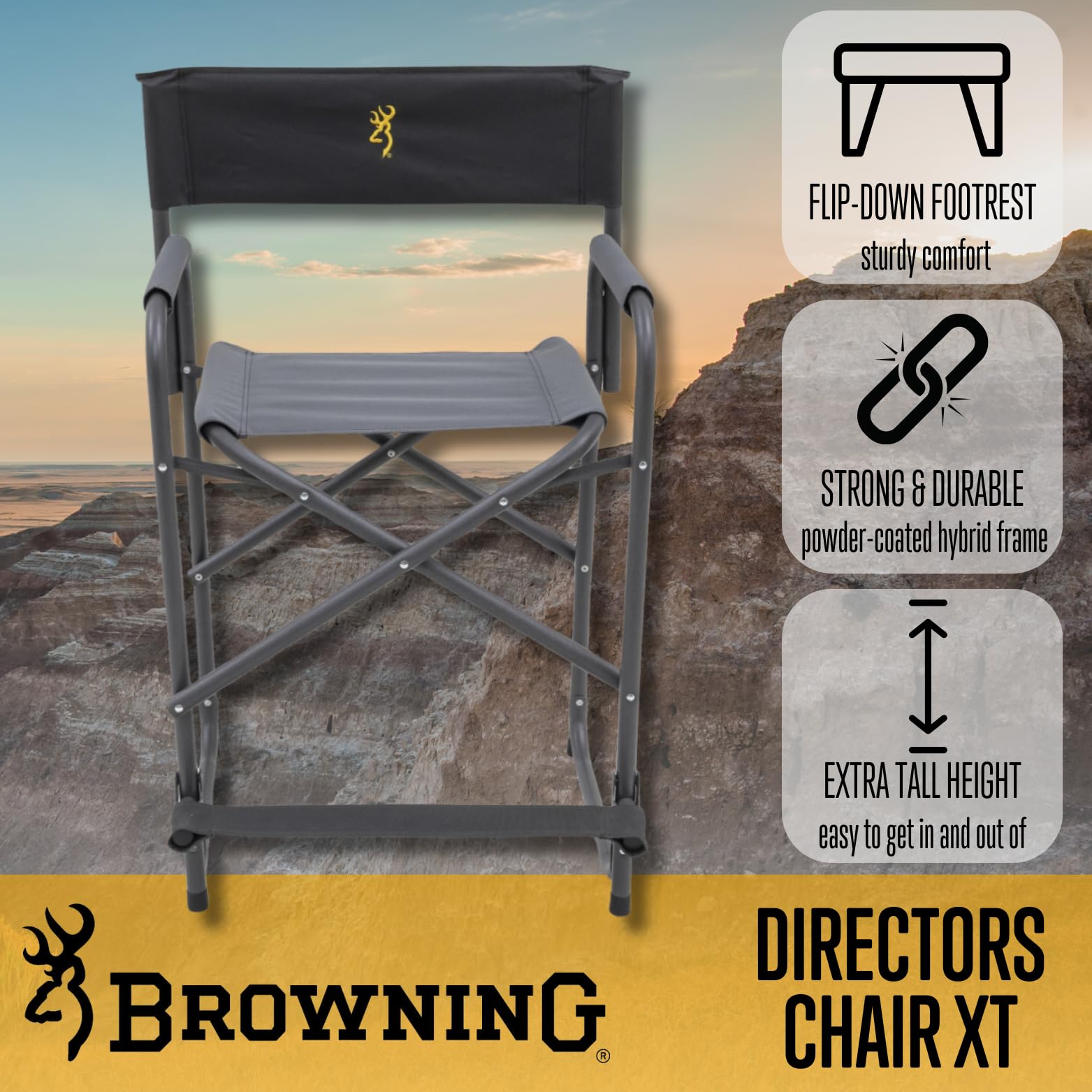 Browning Directors Chair - Heavy Duty Outdoor Folding Chair with Durable Fabric & Sturdy Aluminum/Steel Frame, Tall Seat & Flip-Down Footrest - Perfect for Camping, Beach, Backyard & Outdoor Events