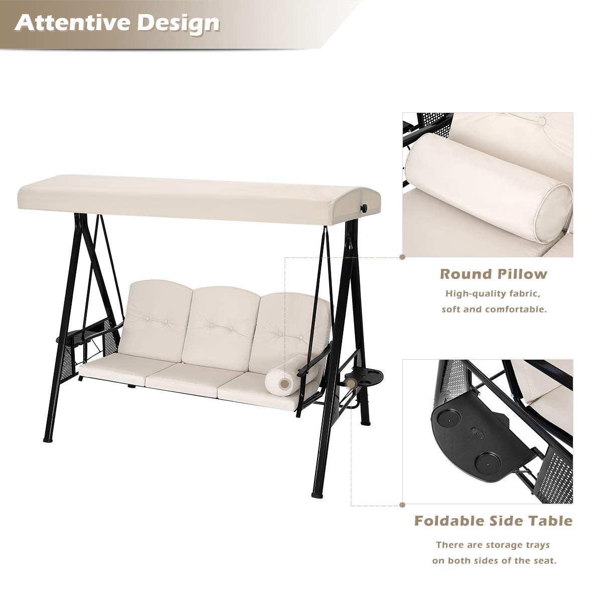 U-MAX 3-Seat Outdoor Patio Swing Chair with Canopy - Weather Resistant Steel Frame, Cup Holders & Cushions - Adjustable Tilt Canopy in Beige - Perfect for Backyard, Garden, Porch or Deck Relaxation