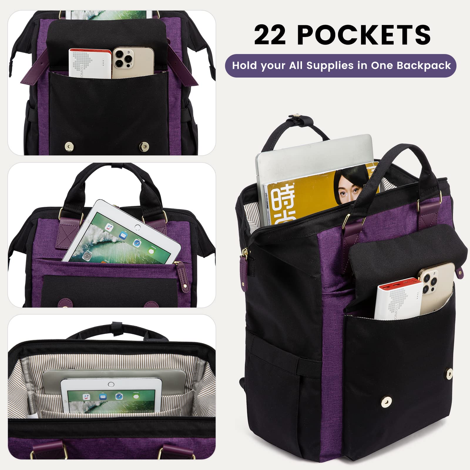 LOVEVOOK 15.6 Inch Laptop Backpack for Women - Waterproof USB Charging Port Work Bag, College Backpack for Nurse & Teacher, Business Travel Computer Bag - Perfect for Office, School & Commuting (Black-Purple)