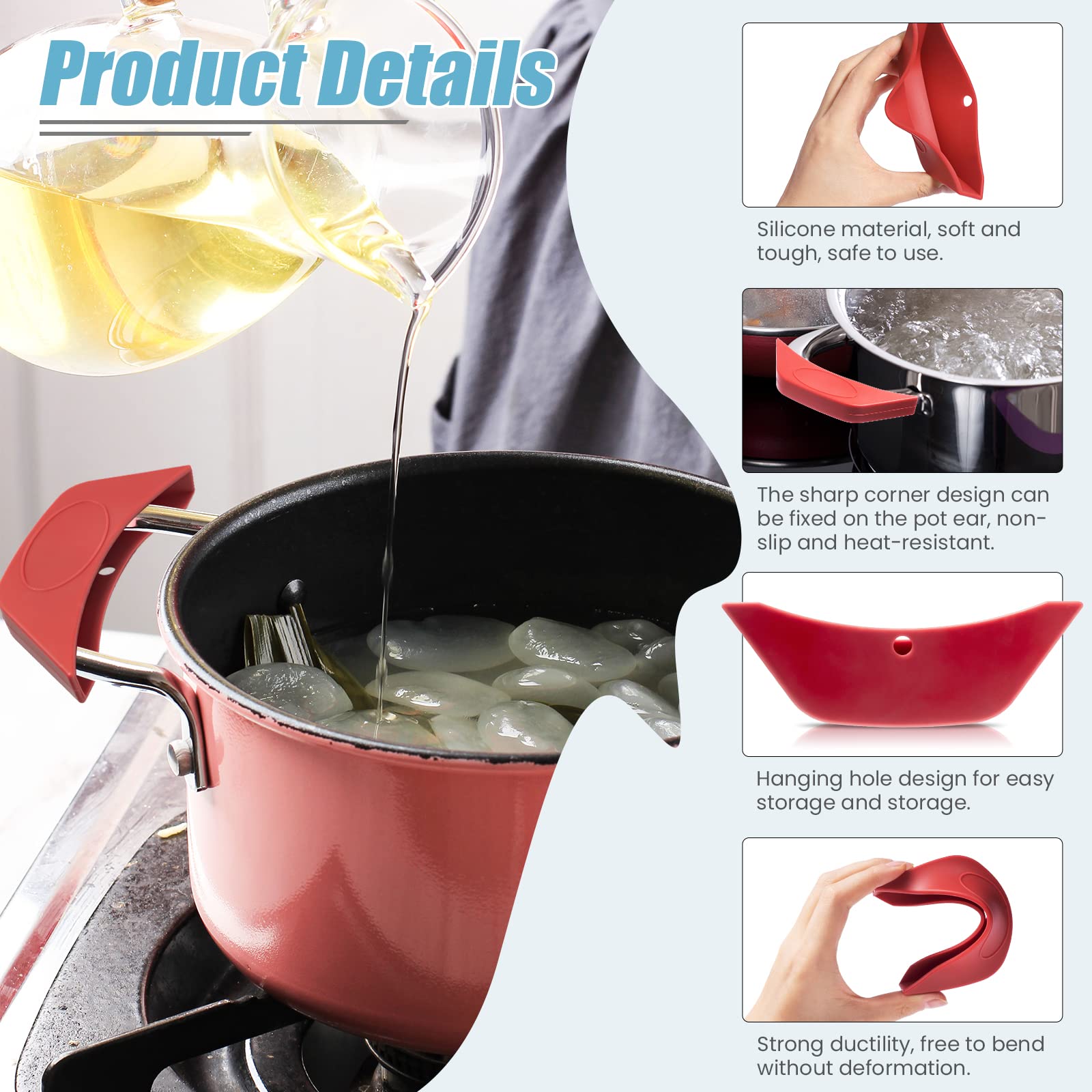 EORTA 4-Piece Silicone Pot Handle Covers - Heat Resistant & Scald Proof Cooking Grips for Pans, Frying Pans, Griddles & Metal Cookware (Red) - Perfect for Safe Cooking, Baking & Kitchen Use