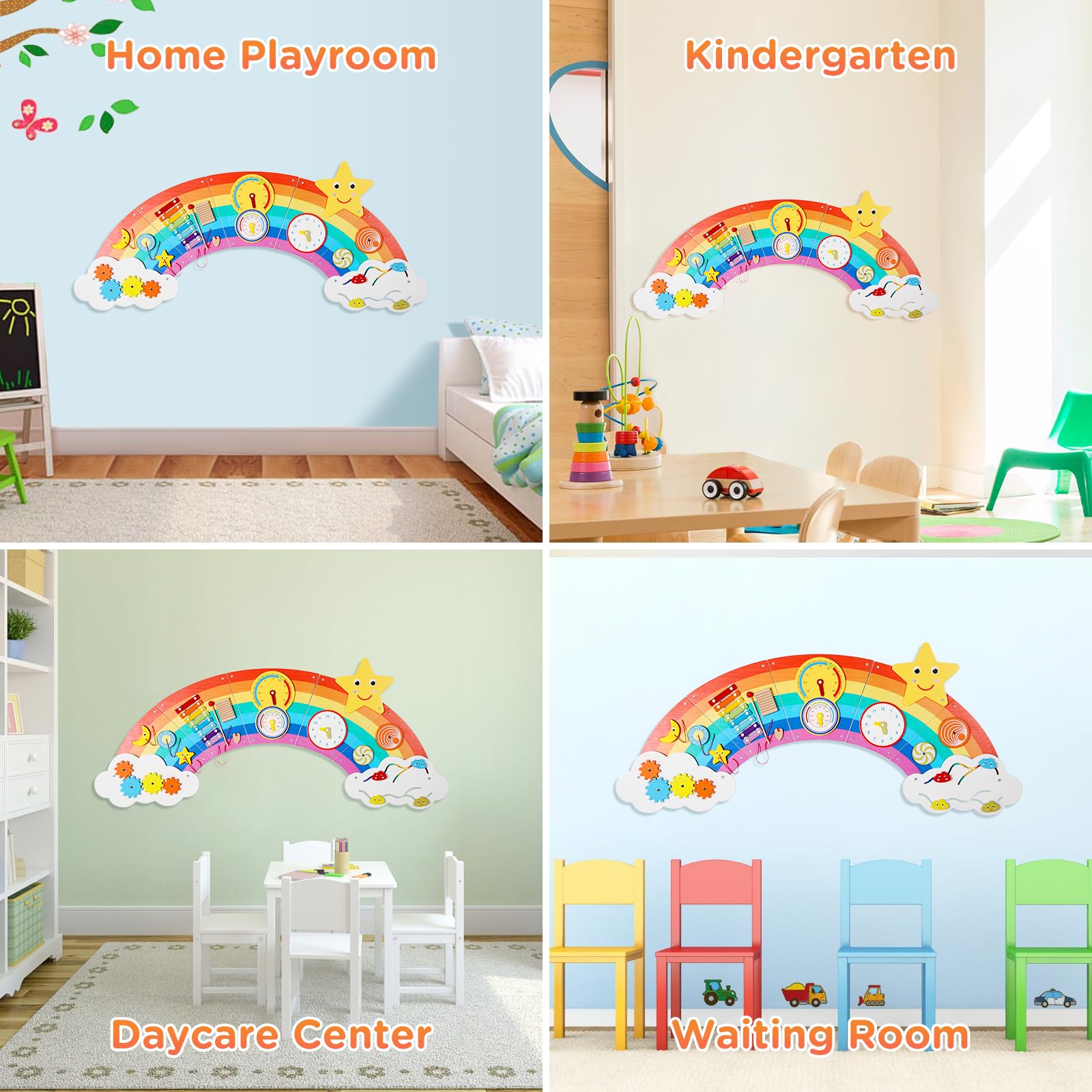 Joyibay Rainbow Sensory Wall Panel - Wooden Busy Board with 9 Sensory Activities for Toddlers | Educational Toy for Bedrooms, Daycares & Playrooms | Montessori Learning & Fine Motor Skills Development