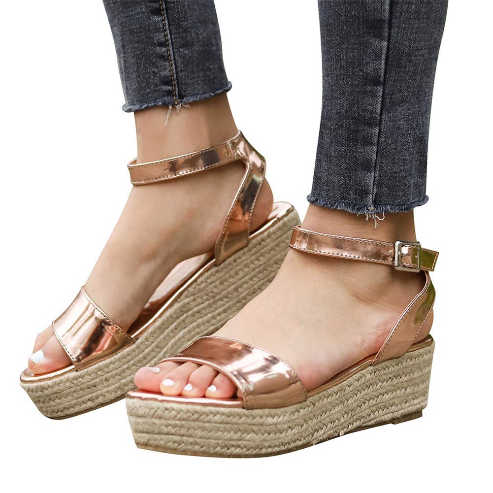 Women's Wide Width Wedge Sandals with Ankle Buckle - 2020 Fashion Summer Beach Sandals, Open Toe Espadrille Platform Shoes for Casual Outings, Vacations & Beach Wear