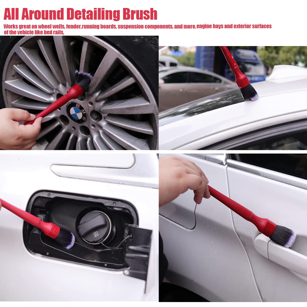Premium Car Detailing Brush Set (2 Brushes) - Professional Car Wash Kit for Interior & Exterior Cleaning - Soft Bristle Detailing Tools for Wheels, Vents & Hard-to-Reach Areas - Ideal for Car Enthusiasts & Auto Detailing Professionals (Red)