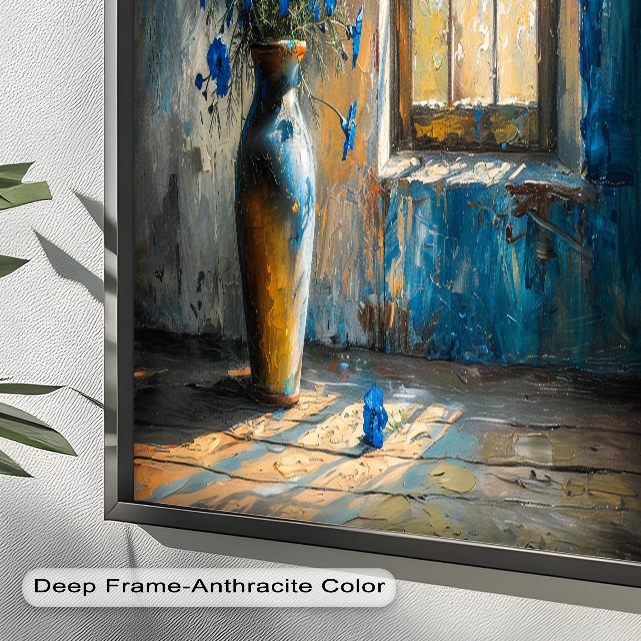 Blue Flowers in Vase - Rustic Still Life Oil Painting on Canvas - Perfect for Farmhouse Decor, Living Room Wall Art & Home Office