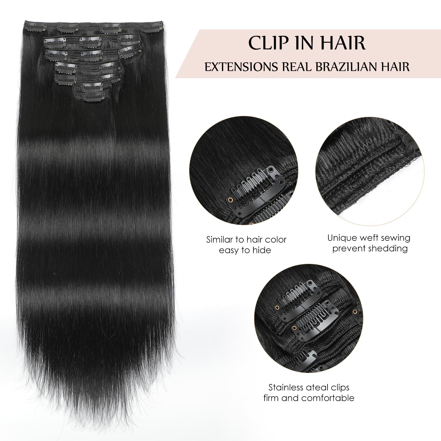 24 Inch 180g 7pcs Sisily Clip-in Human Hair Extensions - Jet Black Straight Double Weft Real Human Hair for Volume & Length - Perfect for Parties, Weddings & Daily Styling
