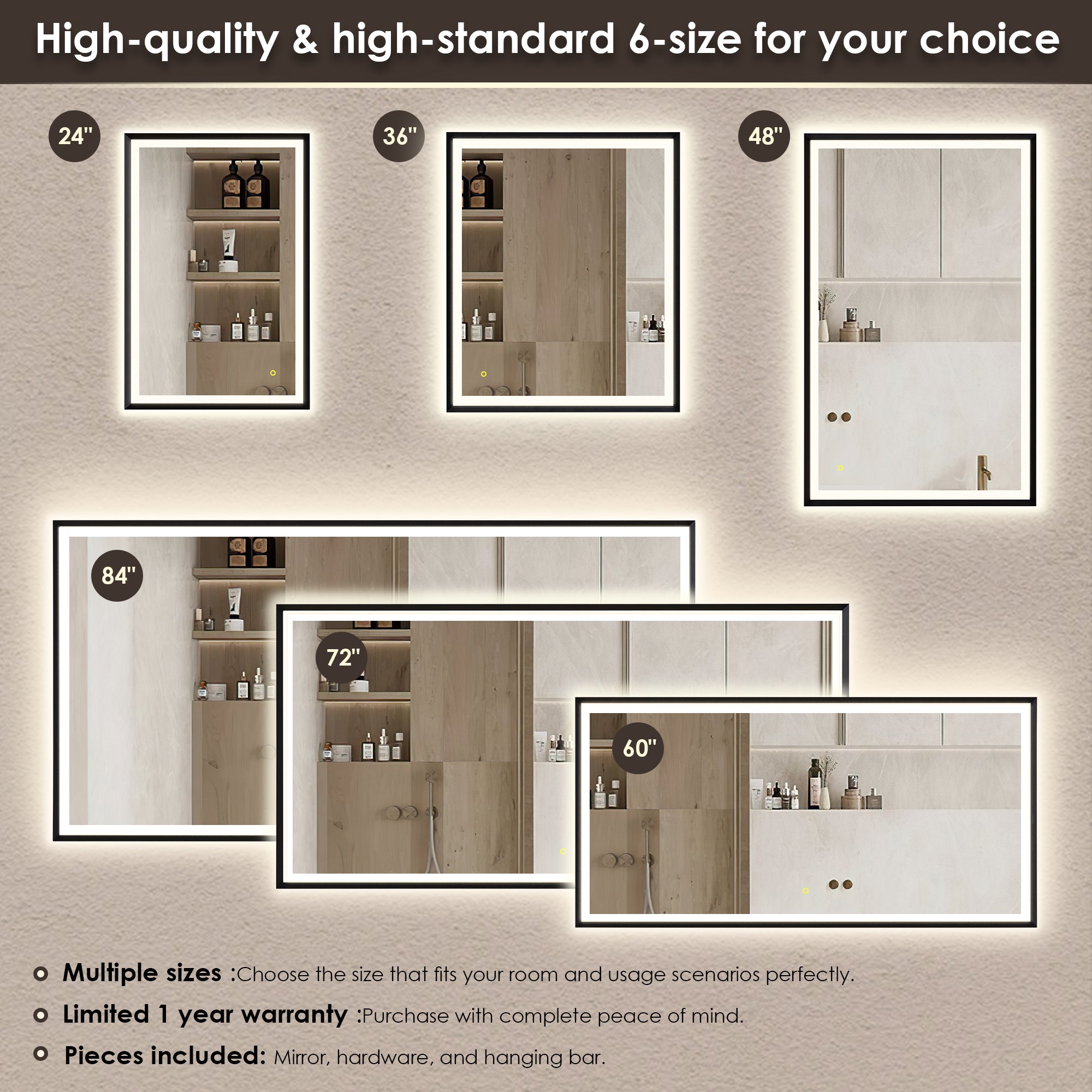 Apollo Rectangular Anti-Fog Dimmable LED Bathroom Mirror - Modern Vanity Wall Mirror with Aluminum Frame - Perfect for Makeup, Shaving & Home Decor