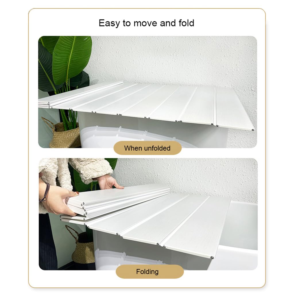 Adjustable Foldable Bathtub Cover - Waterproof Shutter Tray & Laptop Desk 2-in-1 - White Dust-Proof Bath Tub Organizer (105x140cm/41.3
