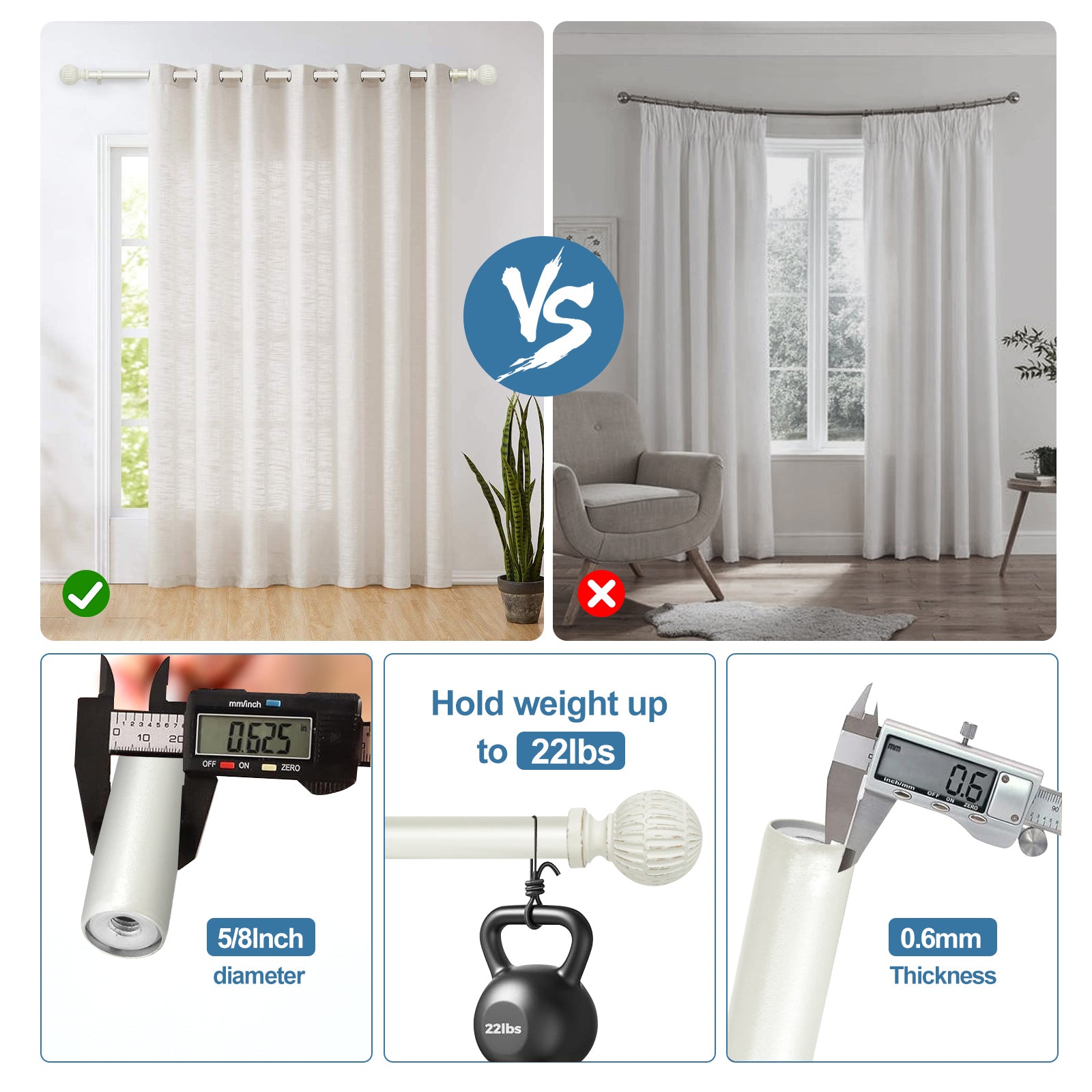 Urbanest 5/8 Inch Single Telescoping Curtain Rod with Volle Ball Finials - Adjustable 28 to 120 Inches - Perfect for Living Room, Bedroom & Window Treatments