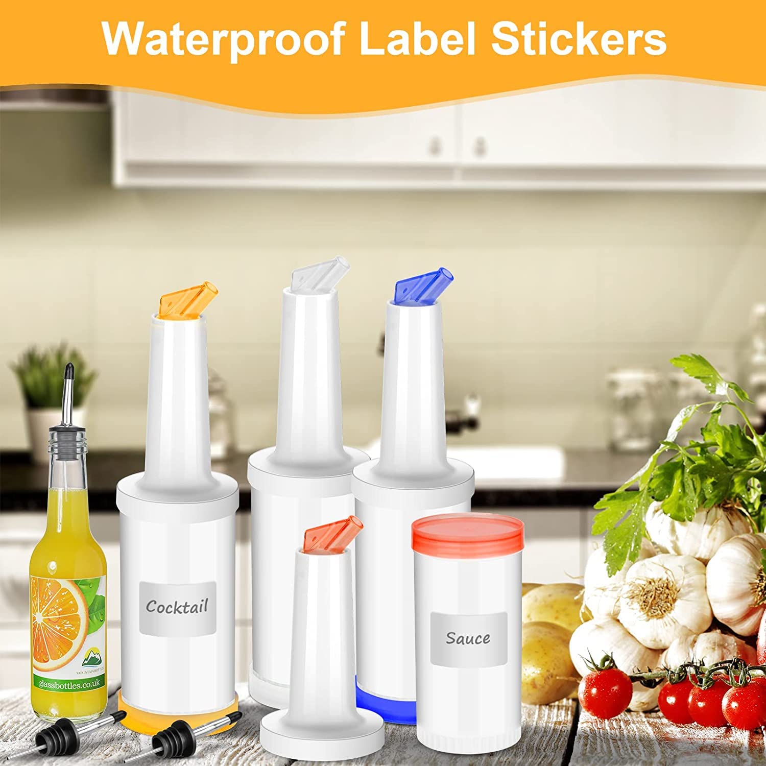 12 Plastic Juice Pour Bottles with 40 Stainless Steel Liquor Pourers - Durable Bar Accessories for Home Kitchen, Party & Commercial Use - Perfect for Cocktails, Coffee, Syrups & Beverage Dispensing
