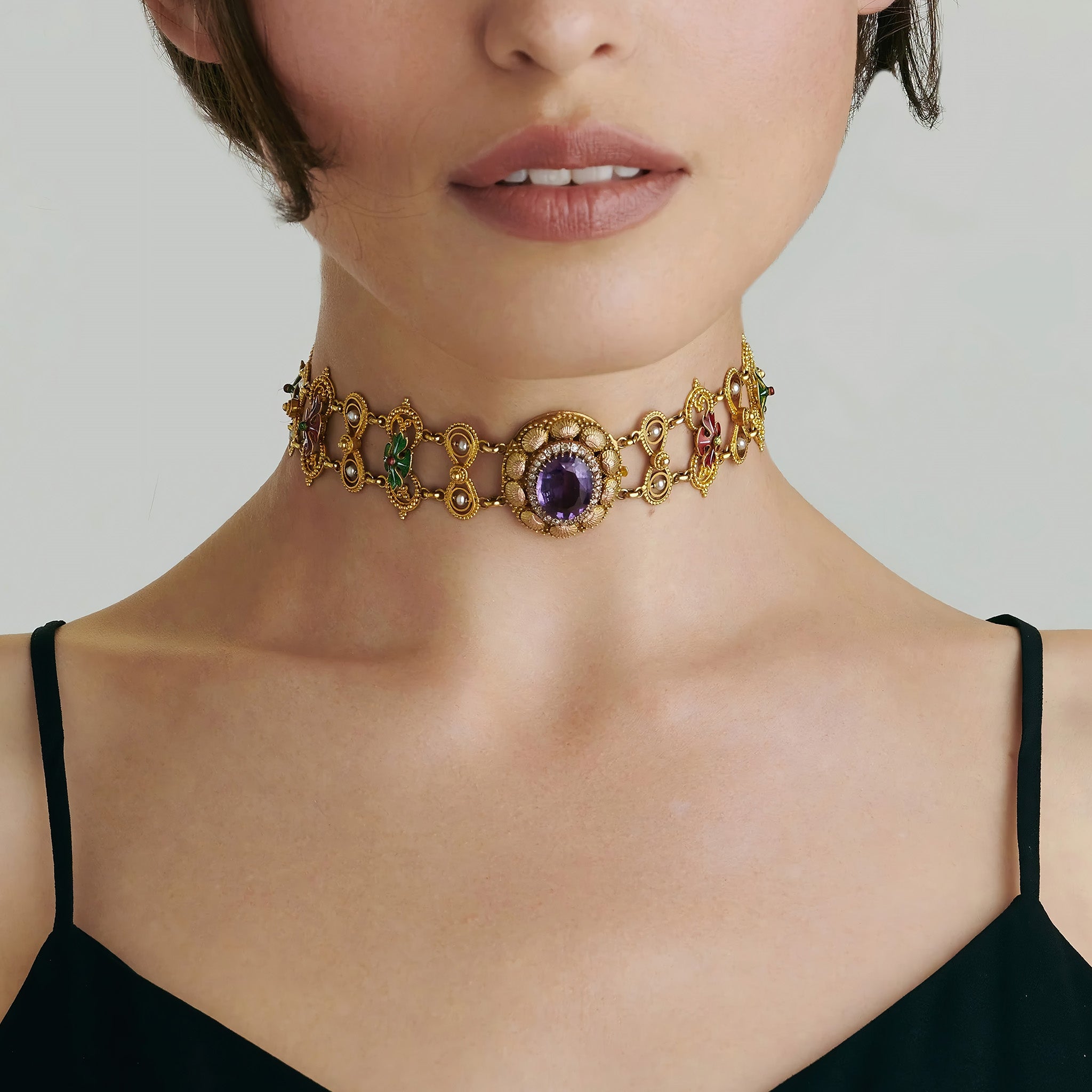 Exquisite Amethyst & Basse Taille Enamel Gold Plated Necklace for Women | Elegant Jewelry Gift for Birthday, Anniversary & Special Occasions