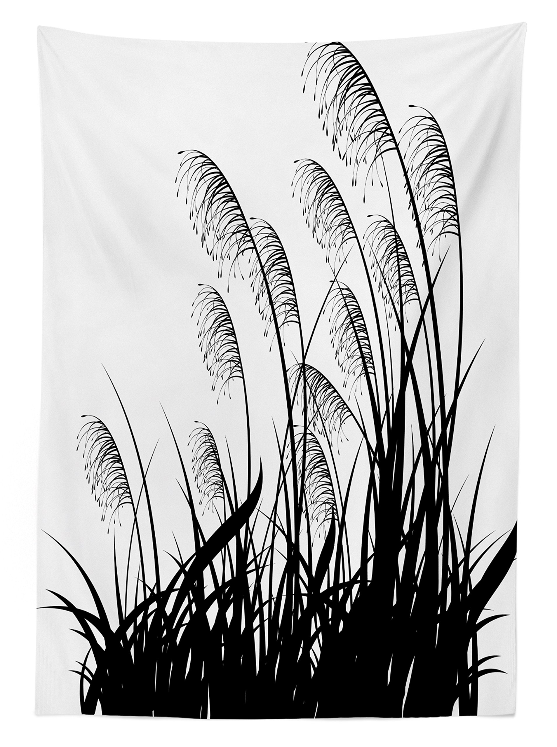 Ambesonne Black and White Outdoor Tablecloth - Silhouette of Bushes, Wild Plants, Wheat Field Design - Washable Picnic Table Cover 58