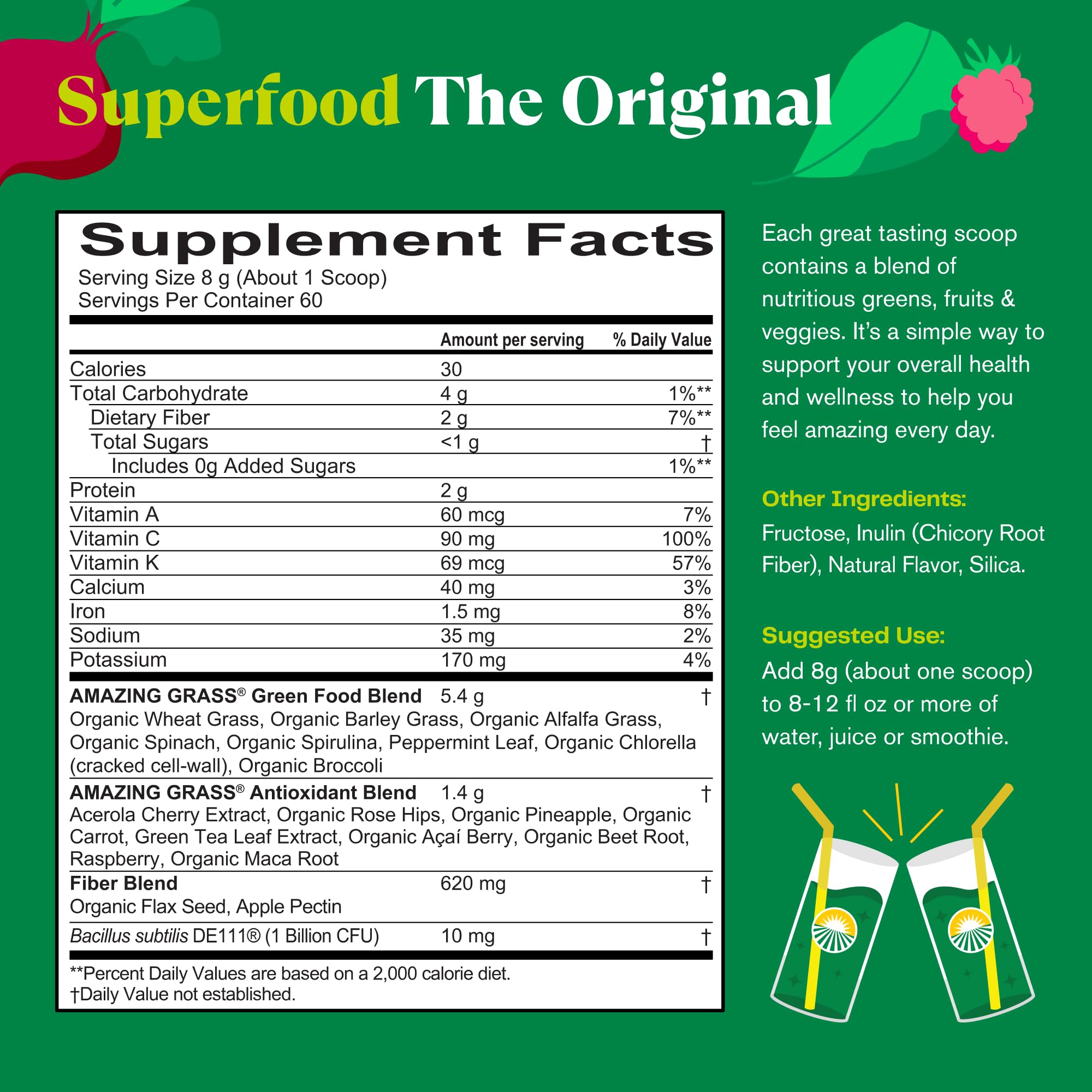 Organic Superfood Greens Powder with Digestive Enzymes & Probiotics - Spirulina, Chlorella, Beet Root - 60 Servings for Energy Boost & Gut Health - Perfect for Smoothies, Juices & Daily Wellness Routine