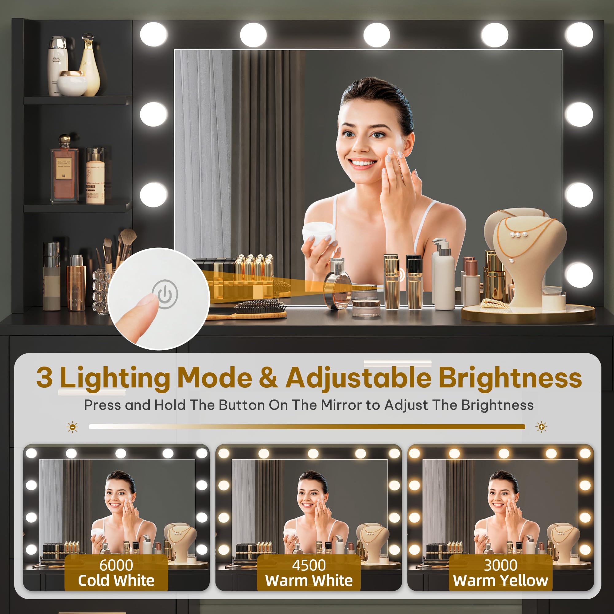 YITAHOME Vanity Desk with Mirror & LED Lights, Makeup Dressing Table with USB Charging Station, Large Vanity Set with 4 Drawers & 6 Storage Shelves, Black - Perfect for Bedroom, Dorm Room & Beauty Salon Organization