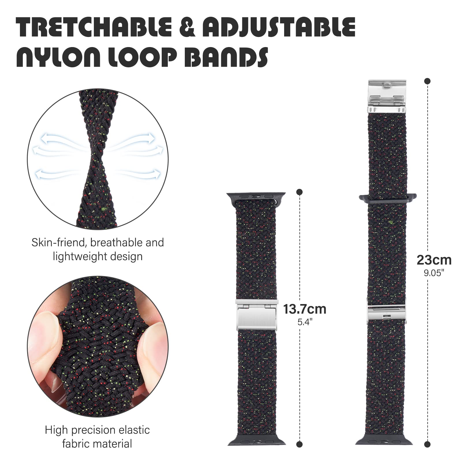 Braided Nylon Apple Watch Bands for Series 9/8/7/6/5/4/3/2/SE/Ultra/Ultra 2 - Adjustable, Breathable Replacement Strap for 38mm/40mm/41mm/42mm/44mm/45mm/49mm - Perfect for Workouts, Running & Everyday Wear