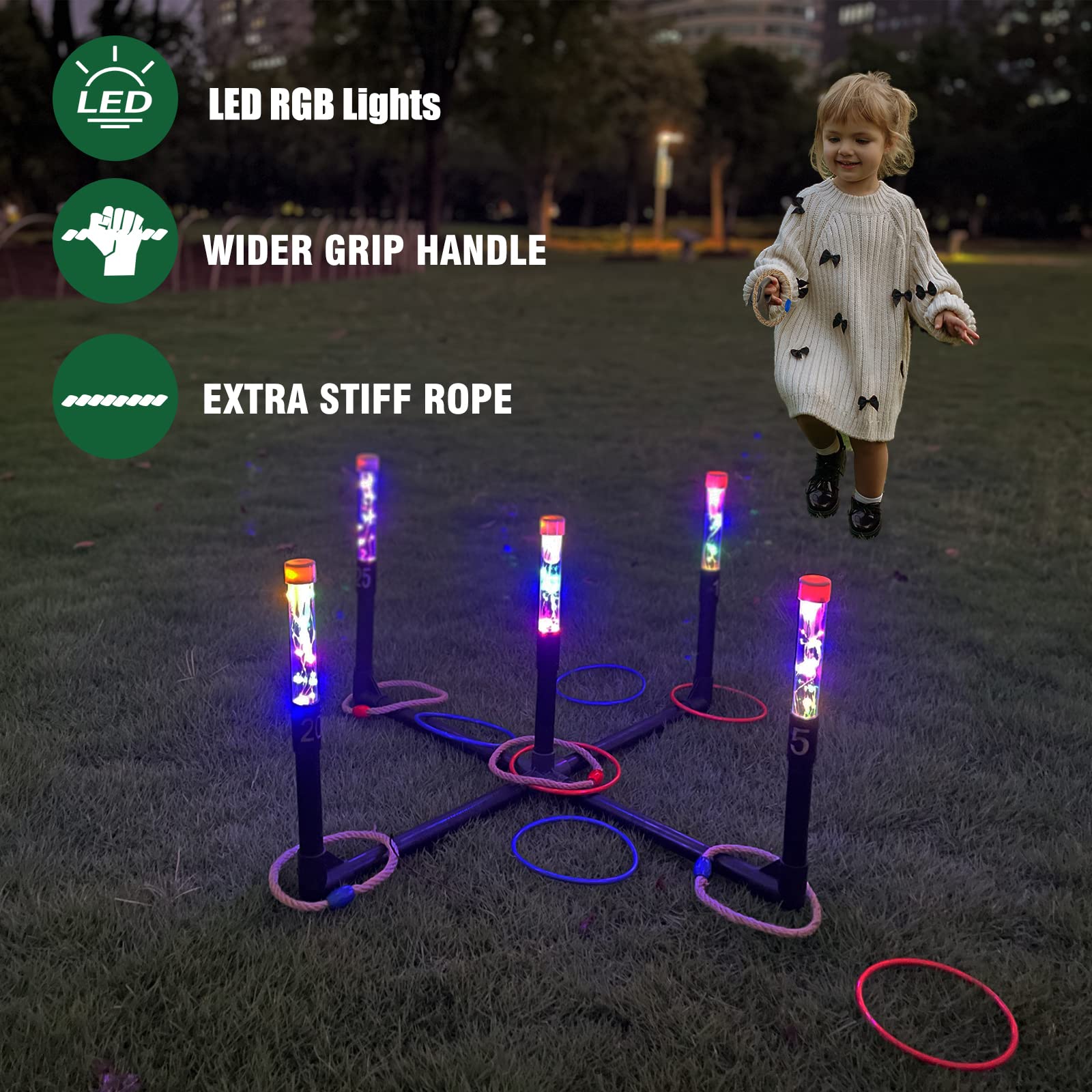 OUTTOY LED Ring Toss Game Set - Glow in The Dark Outdoor Yard Games for Adults, Kids & Family - Fun Lawn, Backyard, Camping & Beach Activities for Parties & Nighttime Entertainment