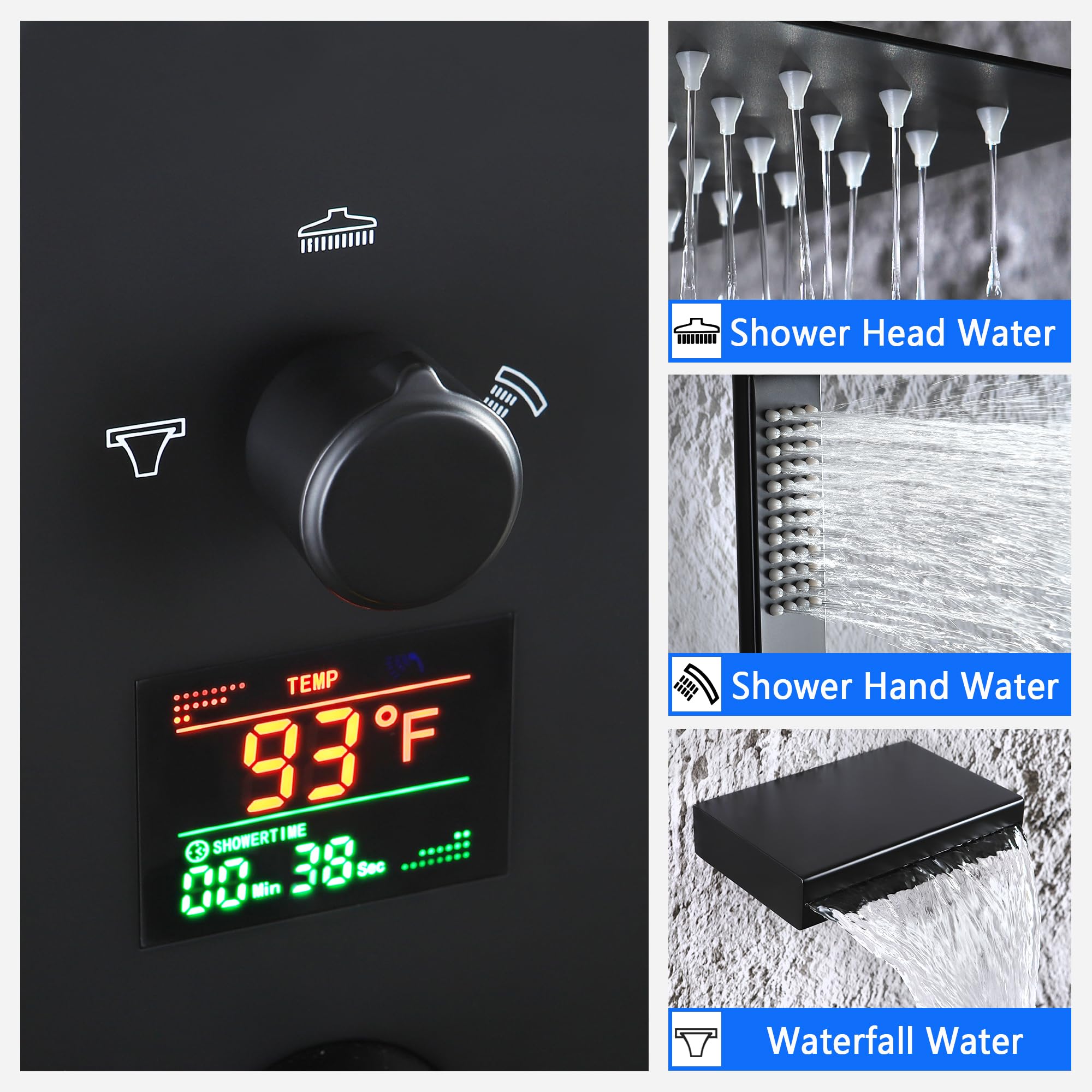 SKWOLL Matte Black Shower Faucet Set - 12 Inch Wall Mounted Rain Shower Head with Digital LCD Display & 3 Function Valve Kit | Modern Bathroom Upgrade for Spa-Like Experience