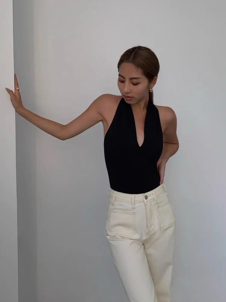 Sexy Black Deep V Neck Sleeveless Top for Women - Summer Spaghetti Strap Open Back Blouse | Perfect for Beach Parties, Night Out & Date Night