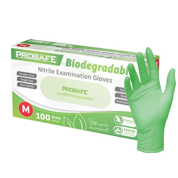 Premium Prosafe Green Nitrile Biodegradable Exam Gloves - Latex-Free, Powder-Free Disposable Gloves for Medical, Dental, Food Service & Cleaning - Eco-Friendly Protection for Healthcare Professionals & Home Use