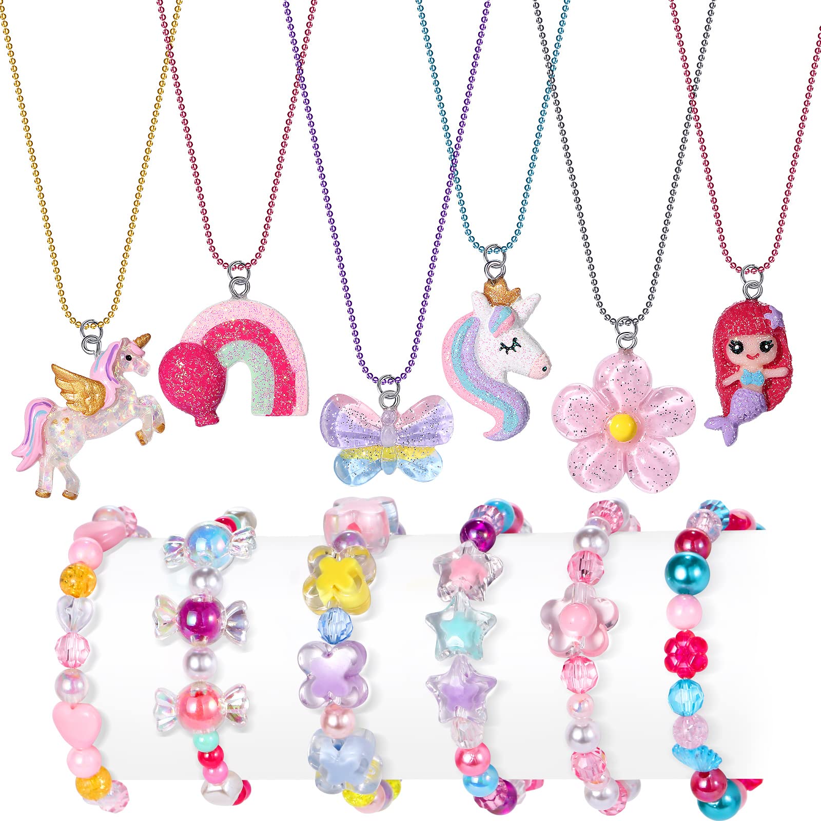 Lorfancy 12 Pcs Kids Bracelet & Necklace Set for Girls - Unicorn & Mermaid Beaded Jewelry, Cute Charm Play Accessories, Colorful Friendship Bracelets for Toddlers & Little Girls - Perfect for Dress Up, Birthday Gifts & Party Favors