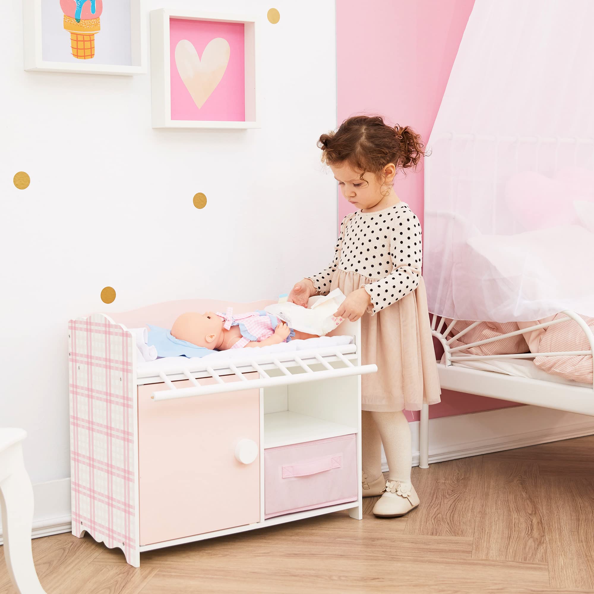 Olivia's Little World Pink and White Polka Dot Princess Wooden Baby Doll Crib with Under-Crib Storage - Cabinet with Door & 2 Cubbies | Perfect for Pretend Play, Nursery Decor & Gift for Toddlers