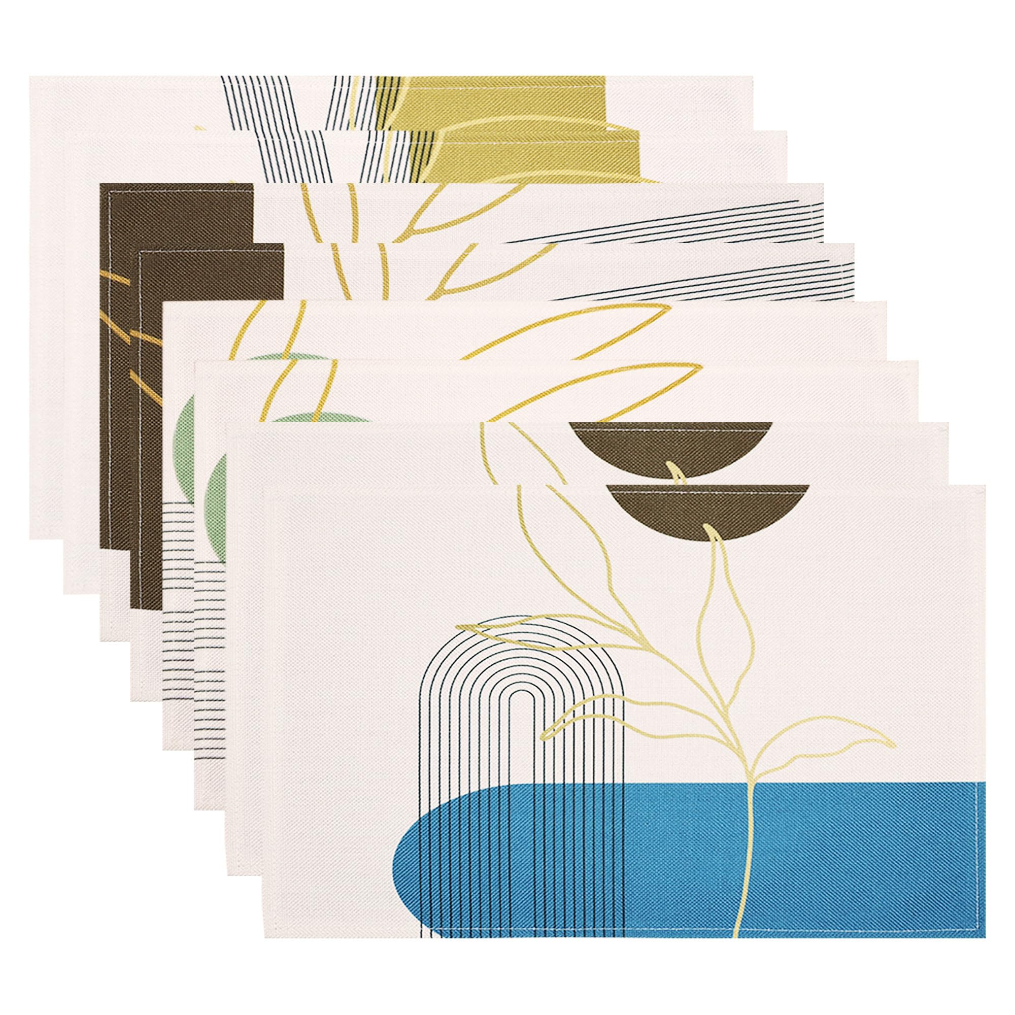 Mid Century Modern Linen Table Placemats Set of 8 - Heat Resistant & Machine Washable Kitchen Dining Mats (18x12 Inch) - Neutral Wipeable Fabric for Dinner Parties, Family Meals & Everyday Use
