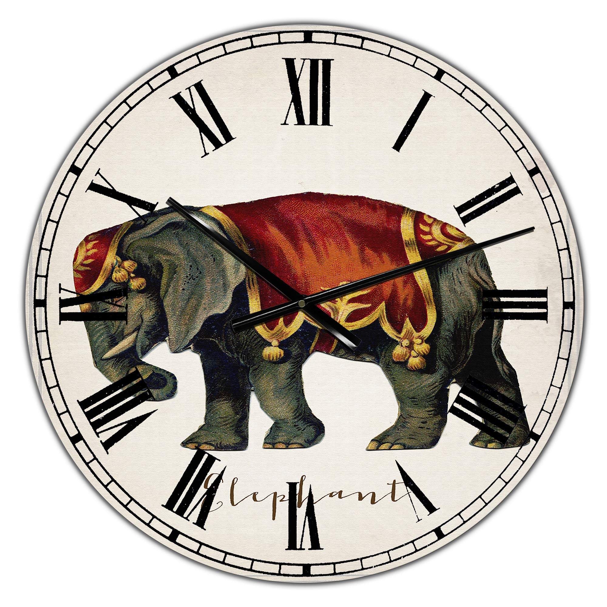 Designart Circus Animals Elephant Wall Art Round Metal Clock - Vintage Cottage Decor for Living Room, Bedroom & Office | Unique Home Decoration Gift Idea for Animal Lovers