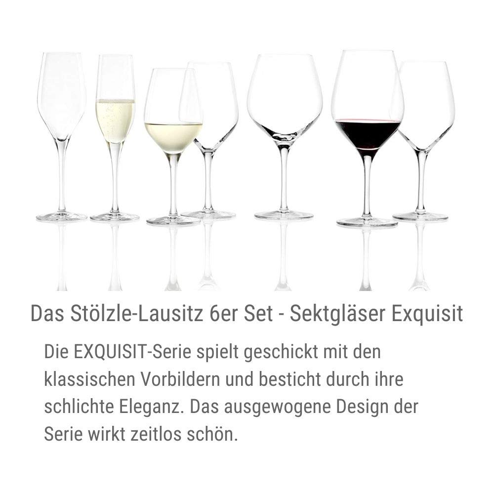 Stolzle Exquisite Flute Champagne Glasses - Set of 6 Crystal Clear Elegant Stemware for Wedding, Anniversary & Romantic Dinner Party Celebrations