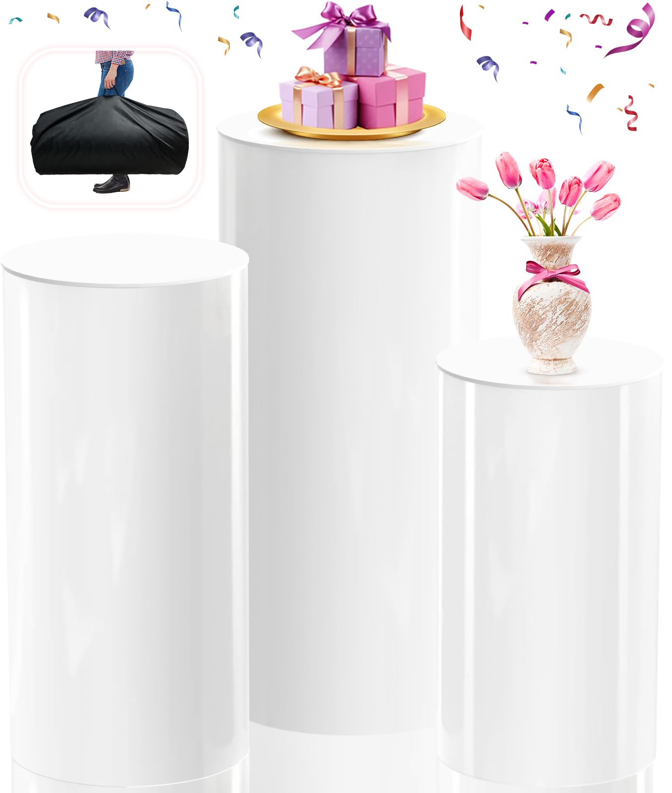 Set of 3 White Cylinder Pedestal Stands with Storage Bag - Round Display Stands for Wedding, Baby Shower & Birthday Party Decor | Perfect for Cake, Dessert, Floral Arrangements & Centerpiece Displays