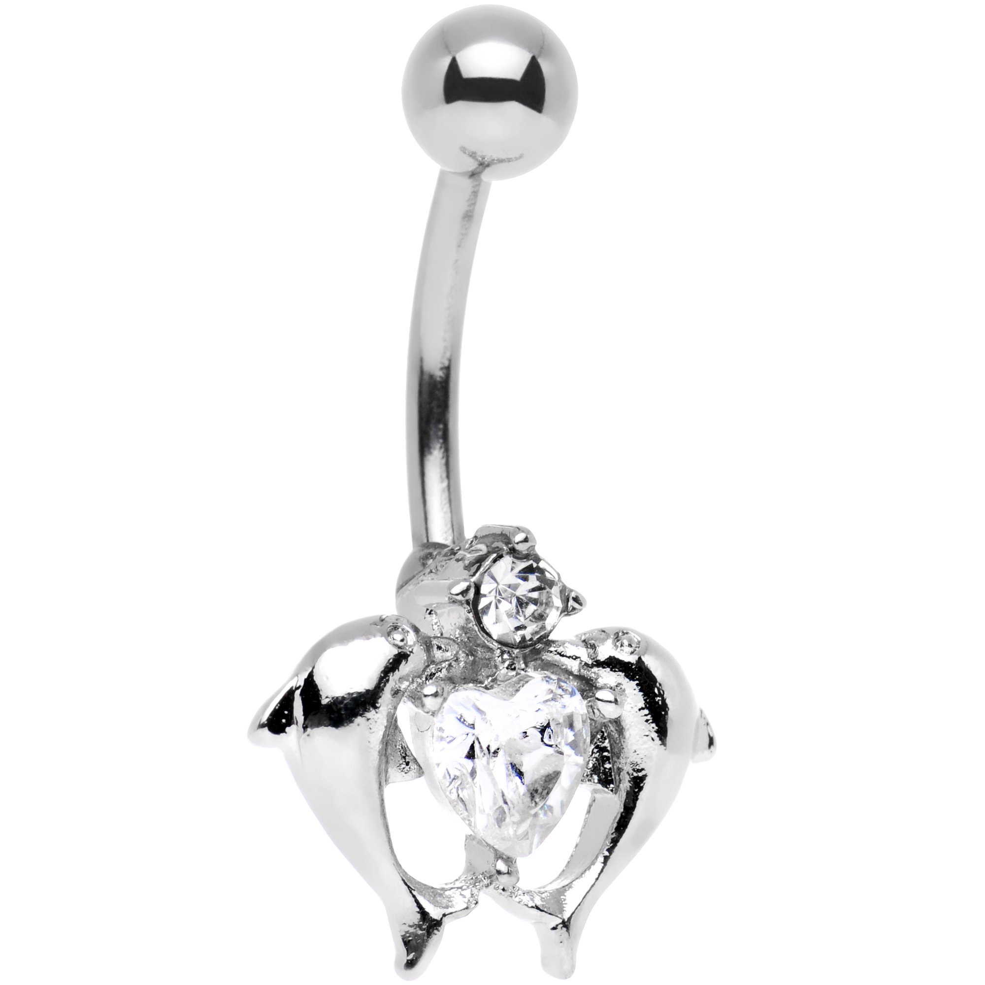 Stainless Steel Double Dolphin Heart Belly Ring with Clear Accent - Body Jewelry for Women - Perfect for Piercings, Beach Wear, and Summer Fashion