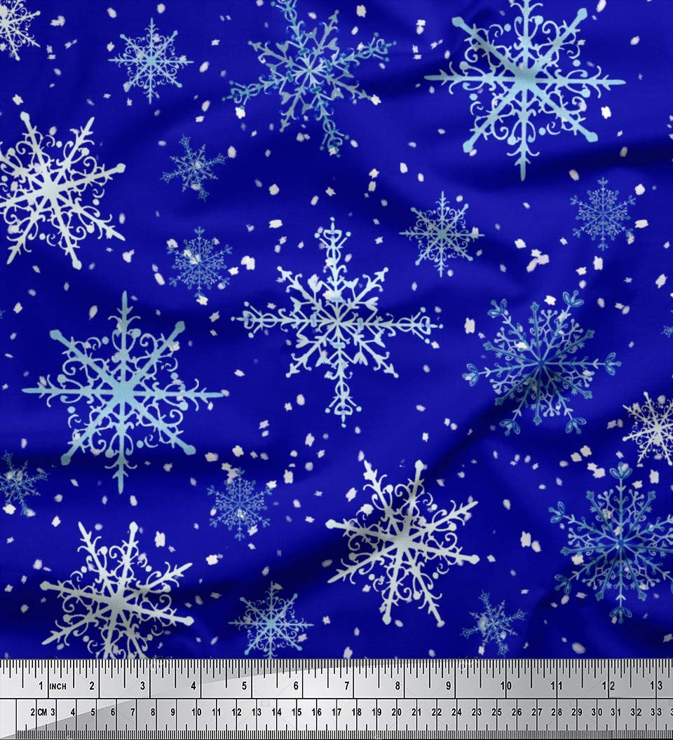 Soimoi Moss Georgette Blue Fabric by The Yard - 42 Inch Wide Printed Fabric with Snowflakes & Stars Pattern - Winter Whimsy Design for Dresses, Scarves, Home Decor & DIY Craft Projects