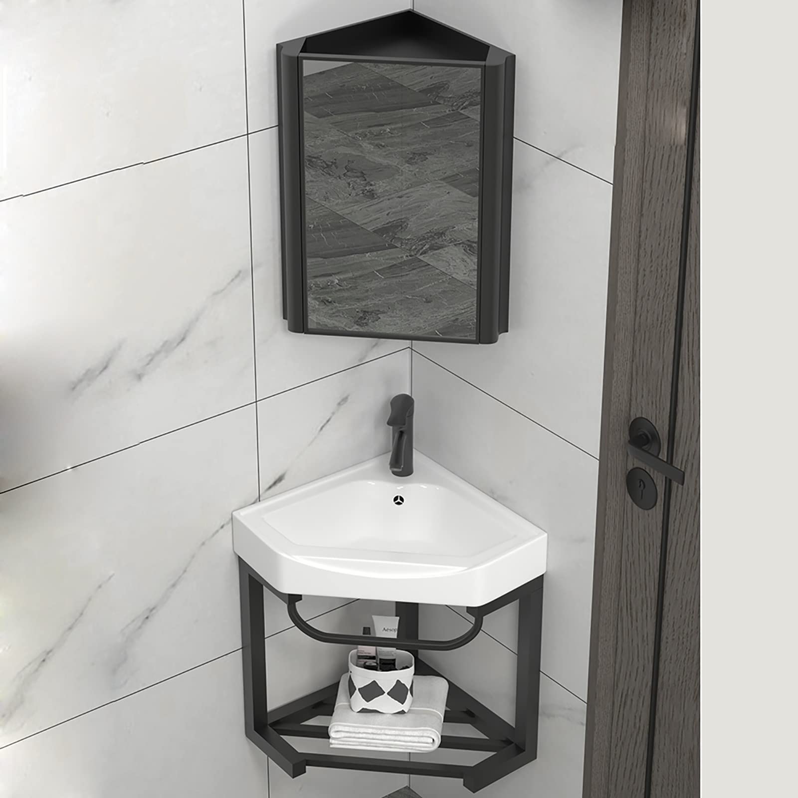 Corner Wall Mount Bathroom Sink with Stainless Steel Rack - Space Saving 38x38cm Modern Vanity Sink (Mirror Finish) - Perfect for Small Bathrooms, Powder Rooms & RV Baths