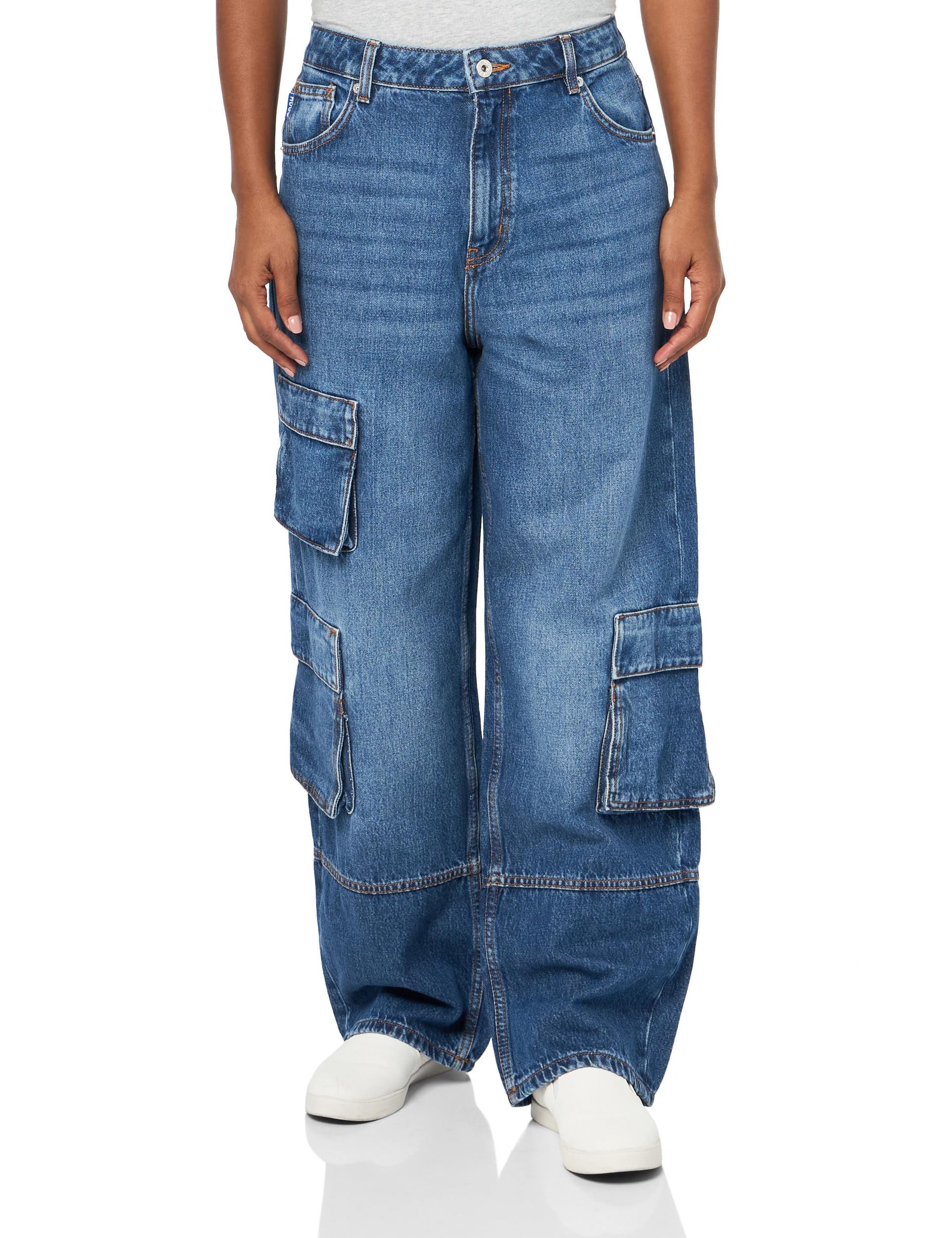 HUGO Women's Cargo Pocket Wide Leg Jeans - High Waist Stretch Denim Pants for Casual & Streetwear Outfits | Perfect for Everyday Wear, Shopping and Weekend Adventures