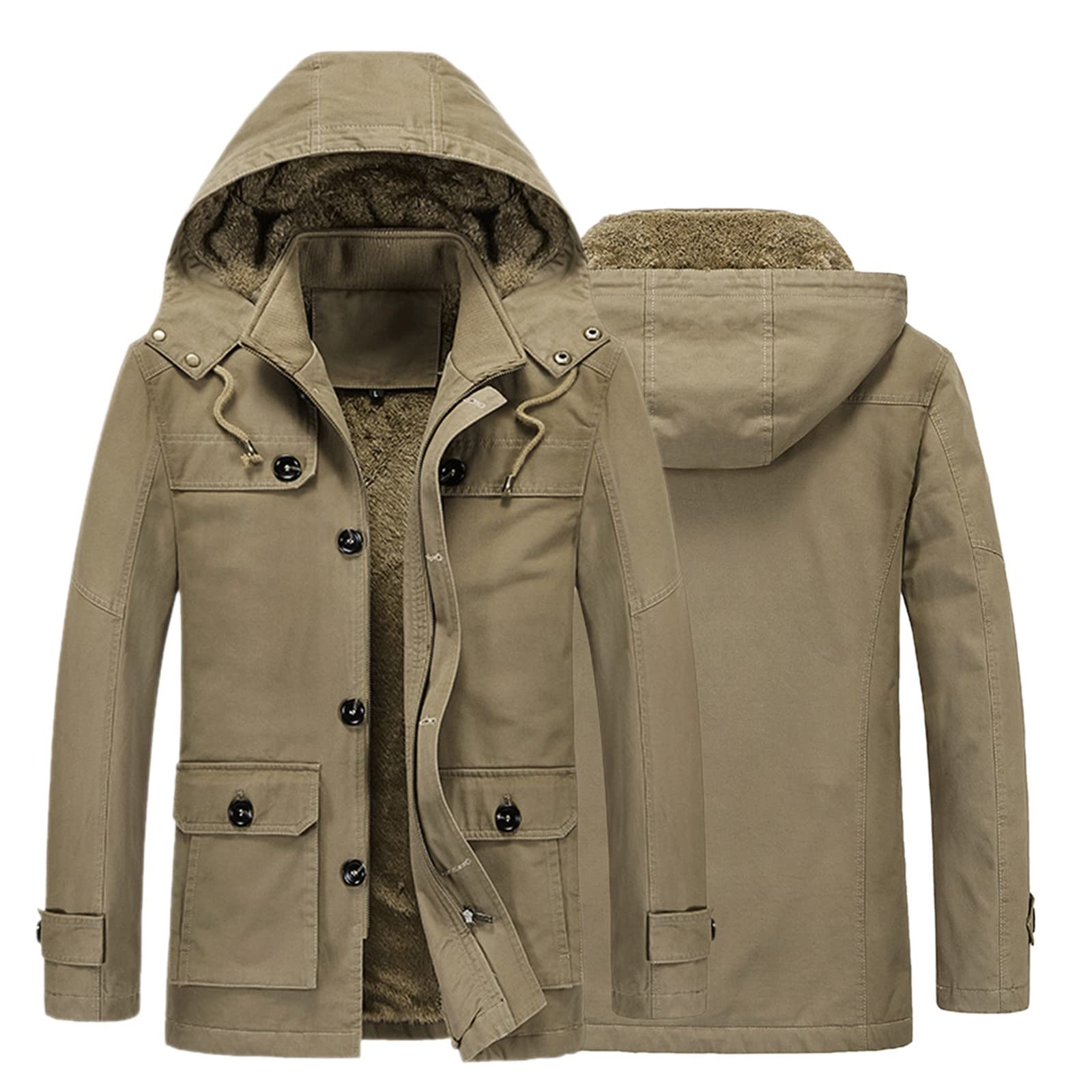 **Men's Cork Jacket - Winter Warm Stand Collar Hooded Coat with Velvet Lining & Pockets - Casual Outerwear for Fall and Winter Outdoor Activities**