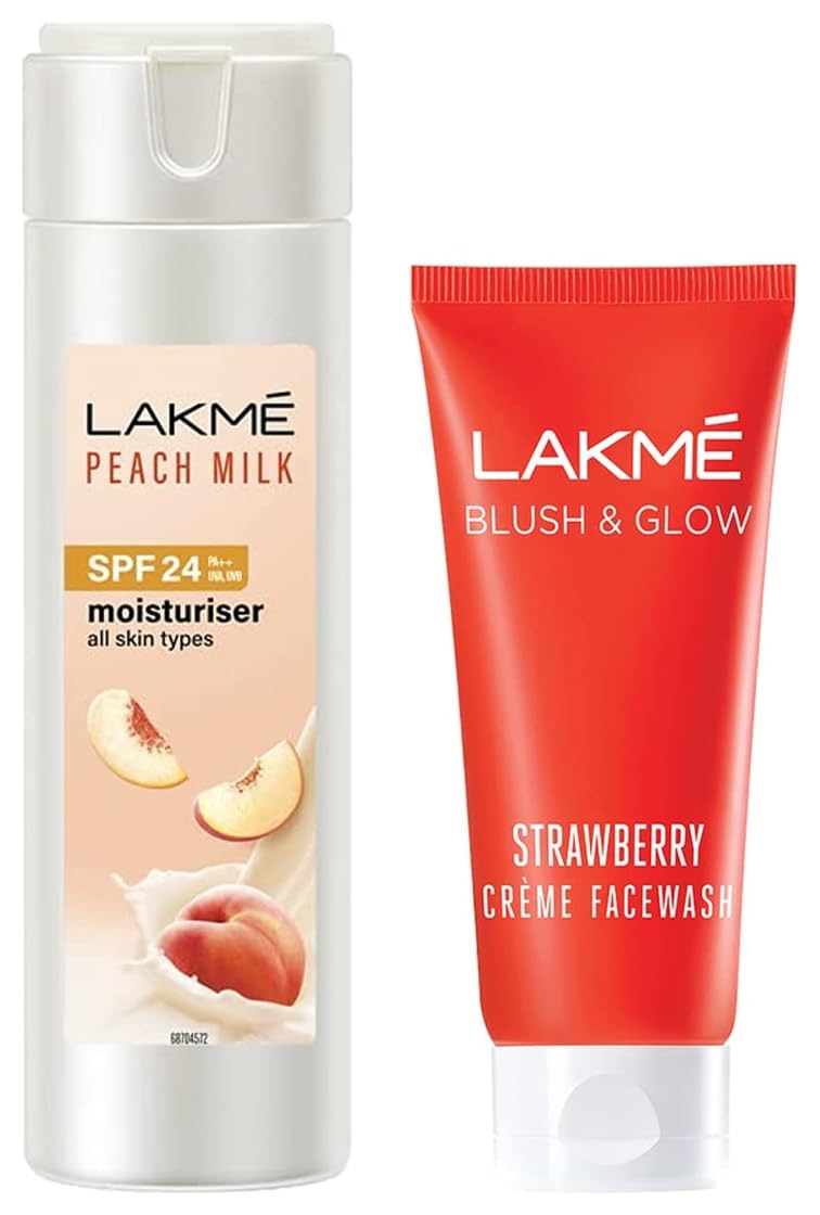 LAKMÉ Strawberry Creme Face Wash 100g & Peach Milk Face Moisturizer SPF 24 PA++ 120ml - Vitamin C Enriched Daily Sunscreen Lotion for Glowing Skin, Women's Skincare Set for Sun Protection | Perfect for Morning Routine & Summer Skincare Care