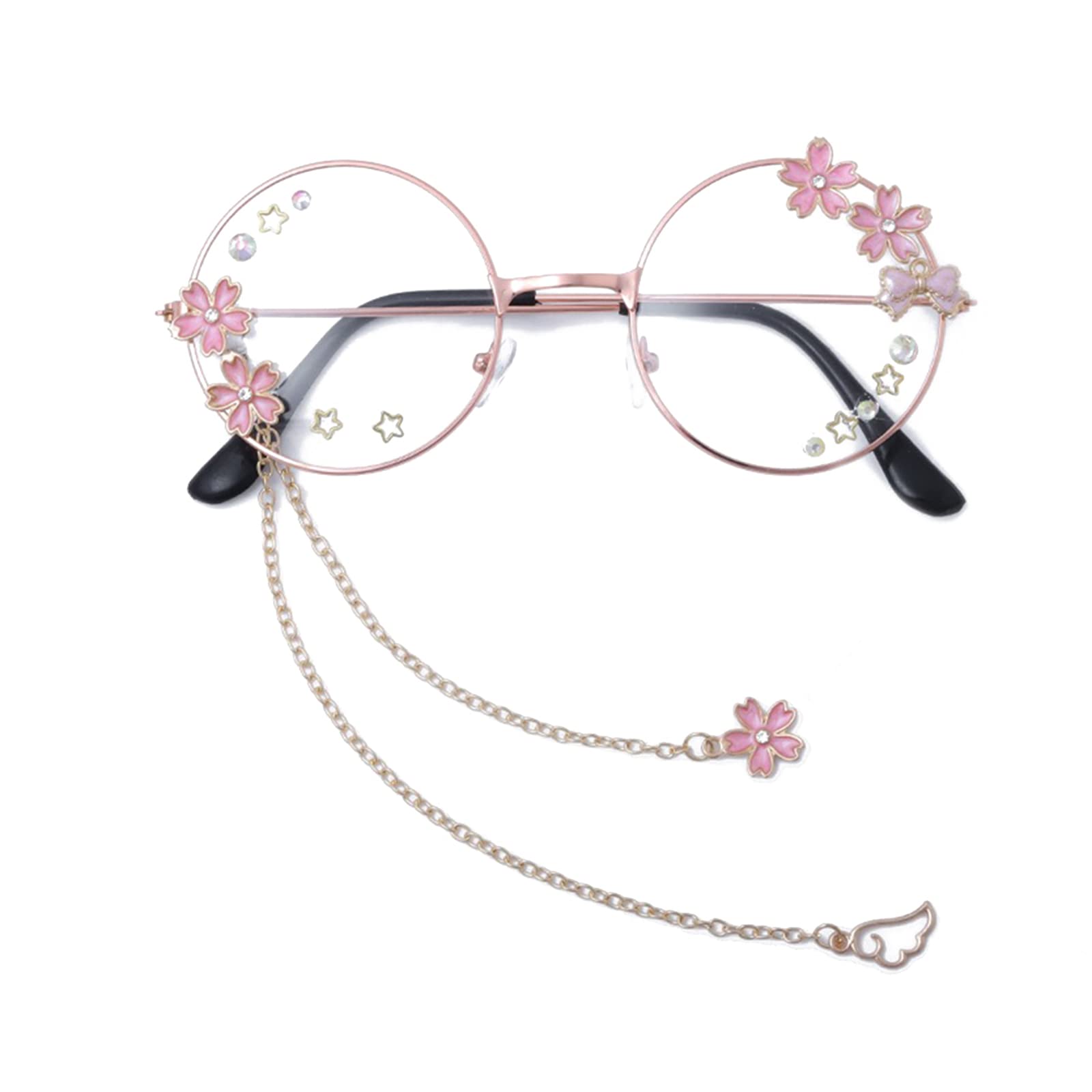 Stylish Kawaii Glasses with Chain - Cute Pink Sakura Frame & Protective Glass Case Included | Perfect for Cosplay, Anime Conventions & Everyday Fashion Accessories