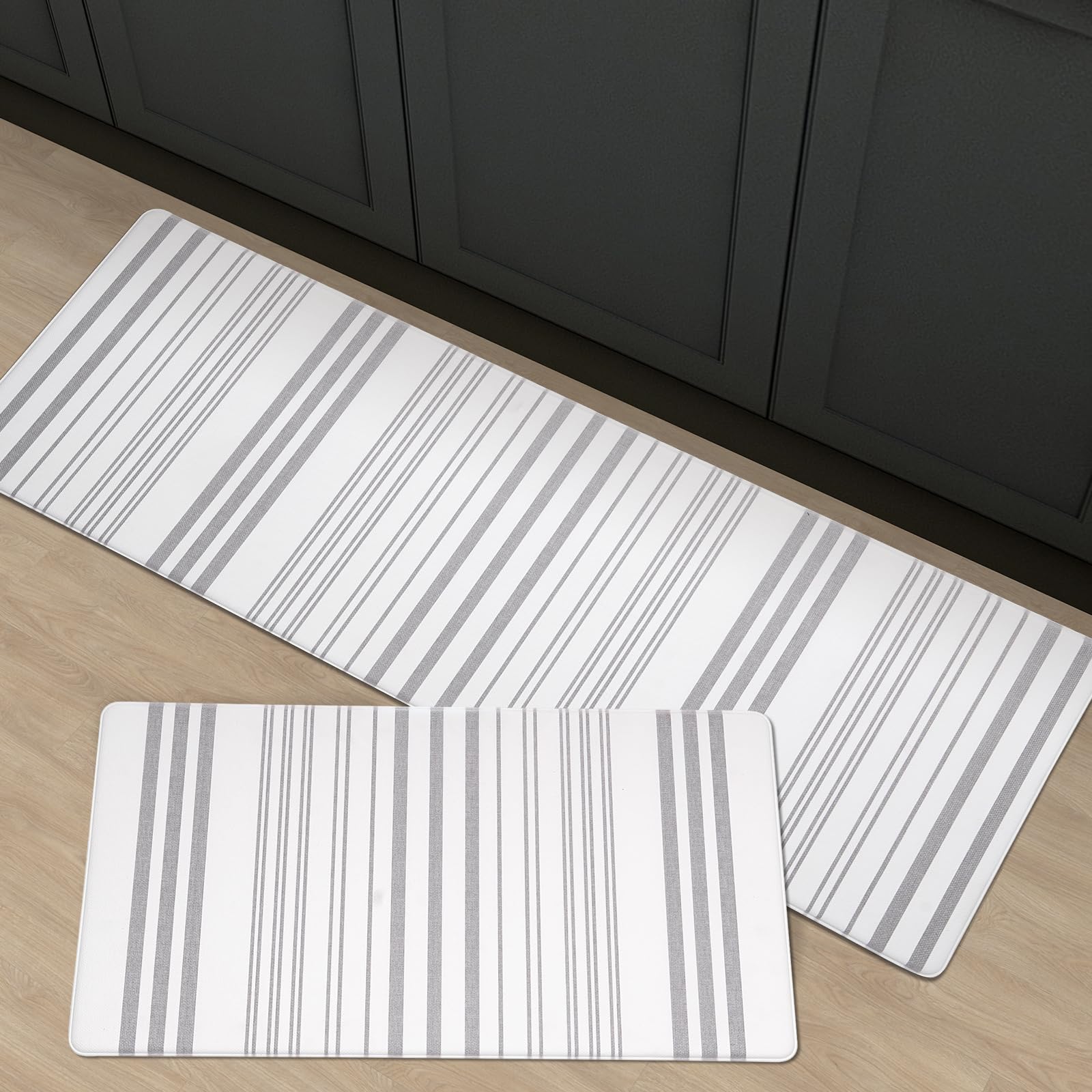 FRESHMINT Farmhouse Stripe Anti-Fatigue Kitchen Mat Set of 2 - Cushioned Foam Floor Mats, Waterproof Non-Slip Comfort Rug for Kitchen, Sink, Laundry & Office - Perfect for Standing Comfort While Cooking, Washing Dishes or Working