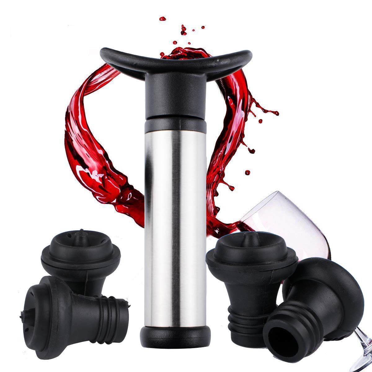 Premium Vacuum Wine Saver Set with 4 Stainless Steel Stoppers - Wine Preservation Pump for Red, White & Sparkling Wines - Extend Freshness & Flavor - Perfect for Home Bars, Dinner Parties & Wine Enthusiasts